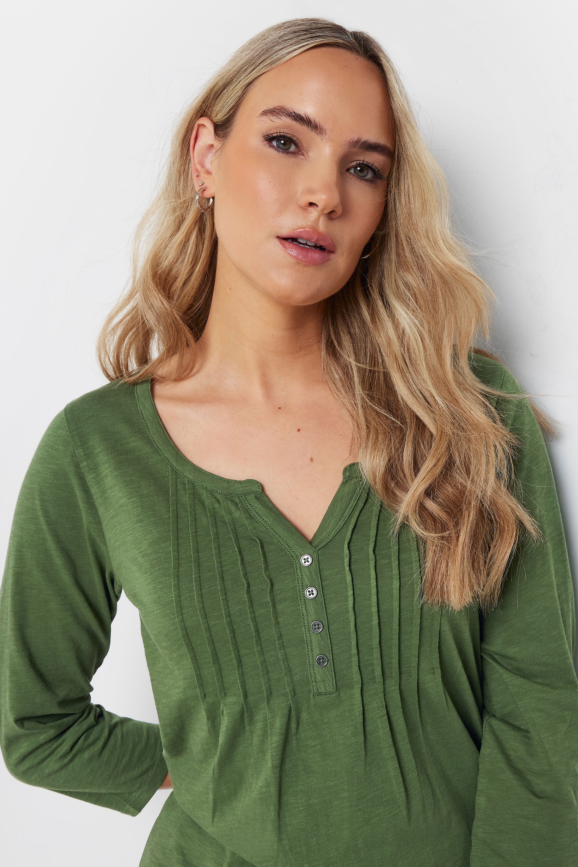 LTS Tall Khaki Green Cotton Henley Top | Long Tall Sally 4