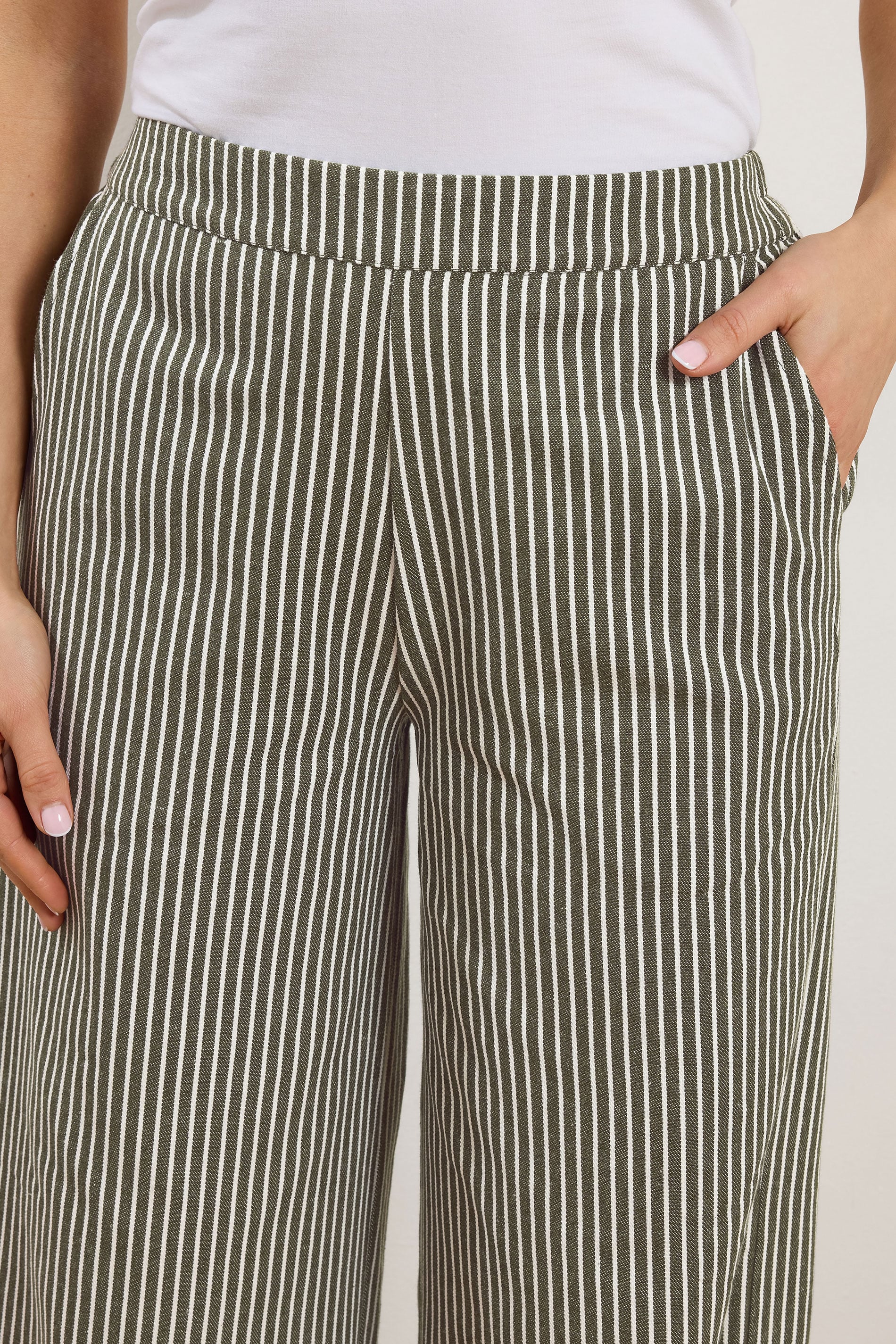 LTS Tall Women's Set Olive Green Stripe Button Cotton Shirt & Trousers | Long Tall Sally 9