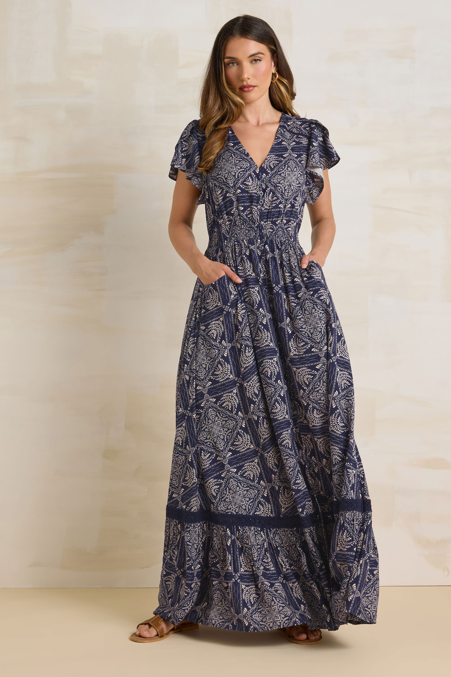 LTS Tall Navy Blue Tile Print Button Lace Insert Maxi Dress | Long Tall Sally 1