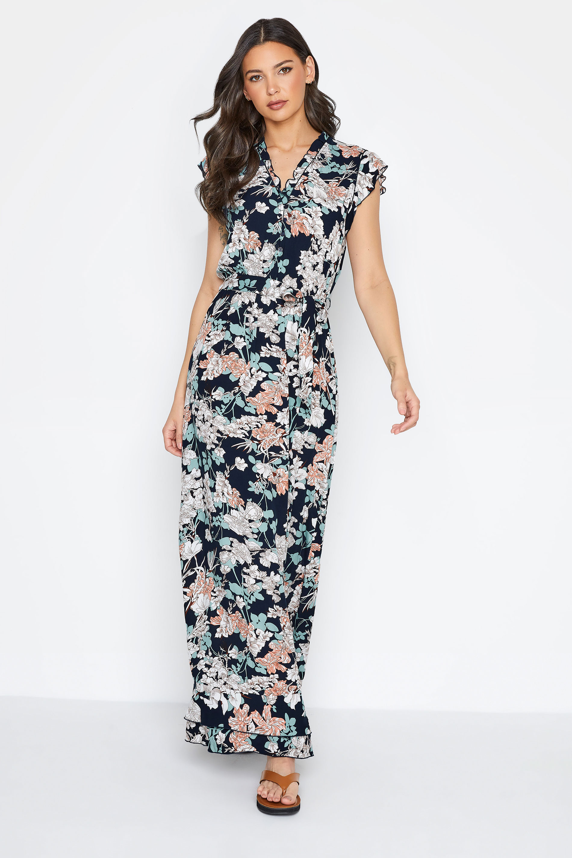 LTS Tall Women's Navy Blue Floral Frill Maxi Dress | Long Tall Sally 1