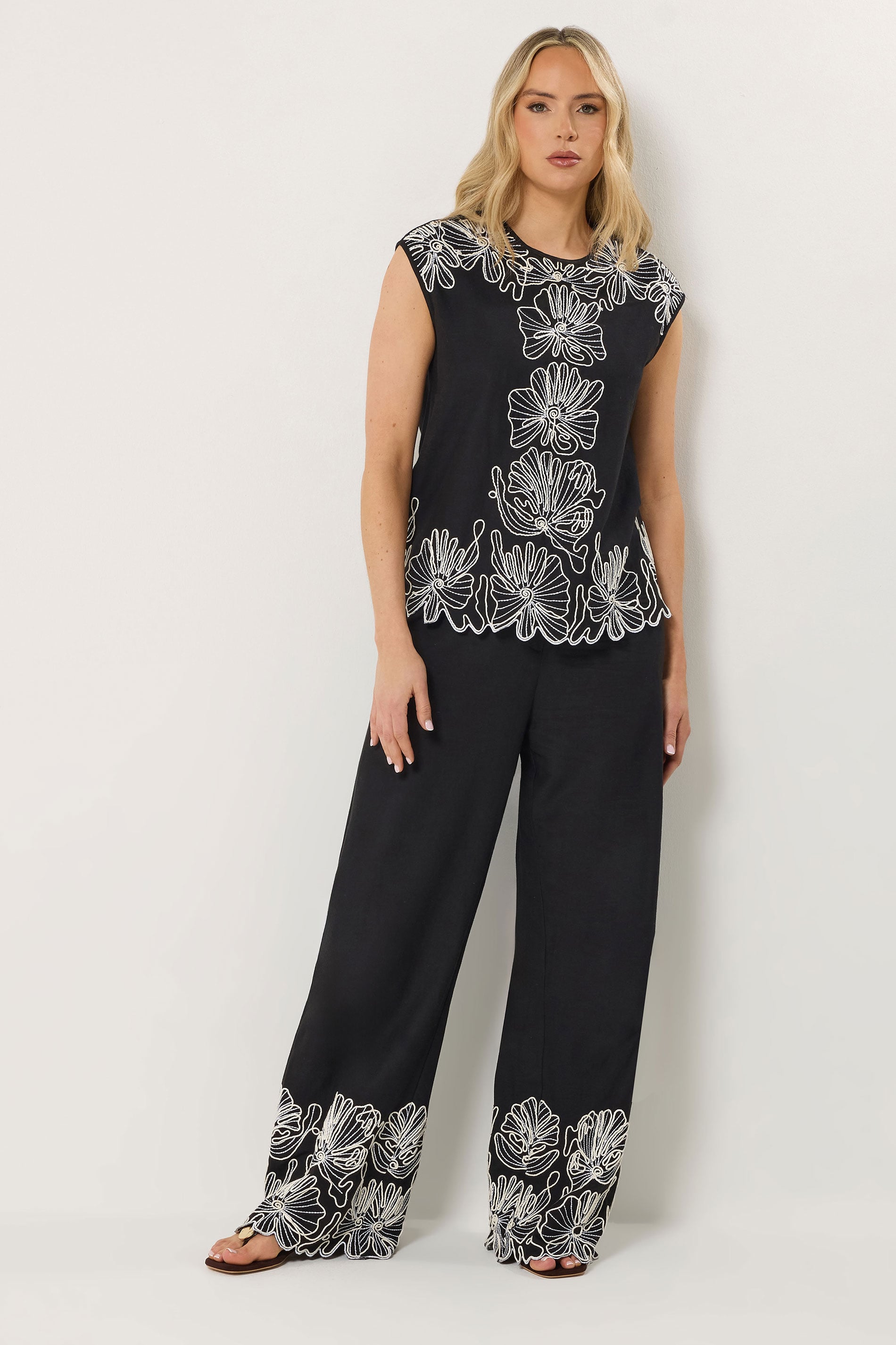 LTS Tall Women's Set Black Floral Embroidered Linen Top & Trousers Set | Long Tall Sally  3