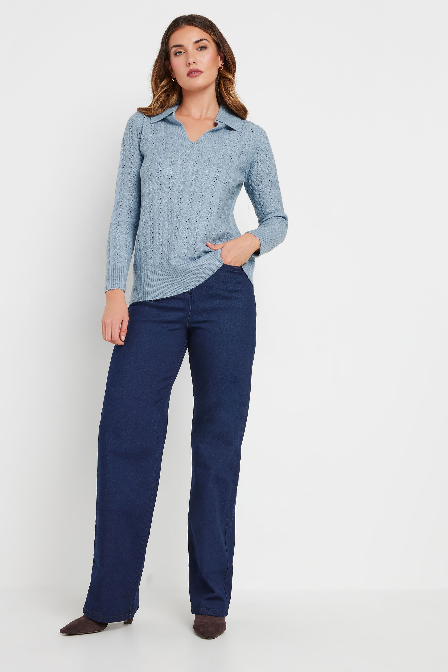 LTS Tall Blue Open Collar Cable Knit Jumper | Long Tall Sally 2