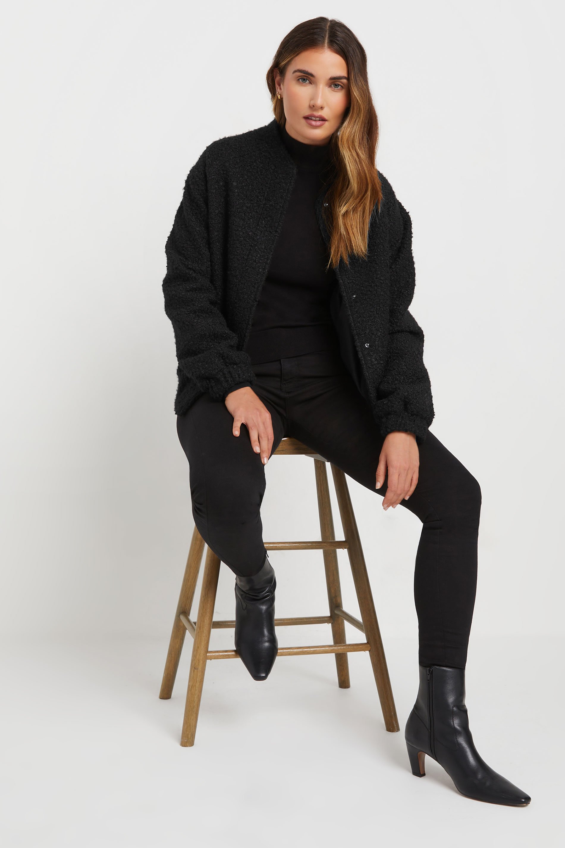 LTS Tall Black Boucle Bomber Jacket | Long Tall Sally 3