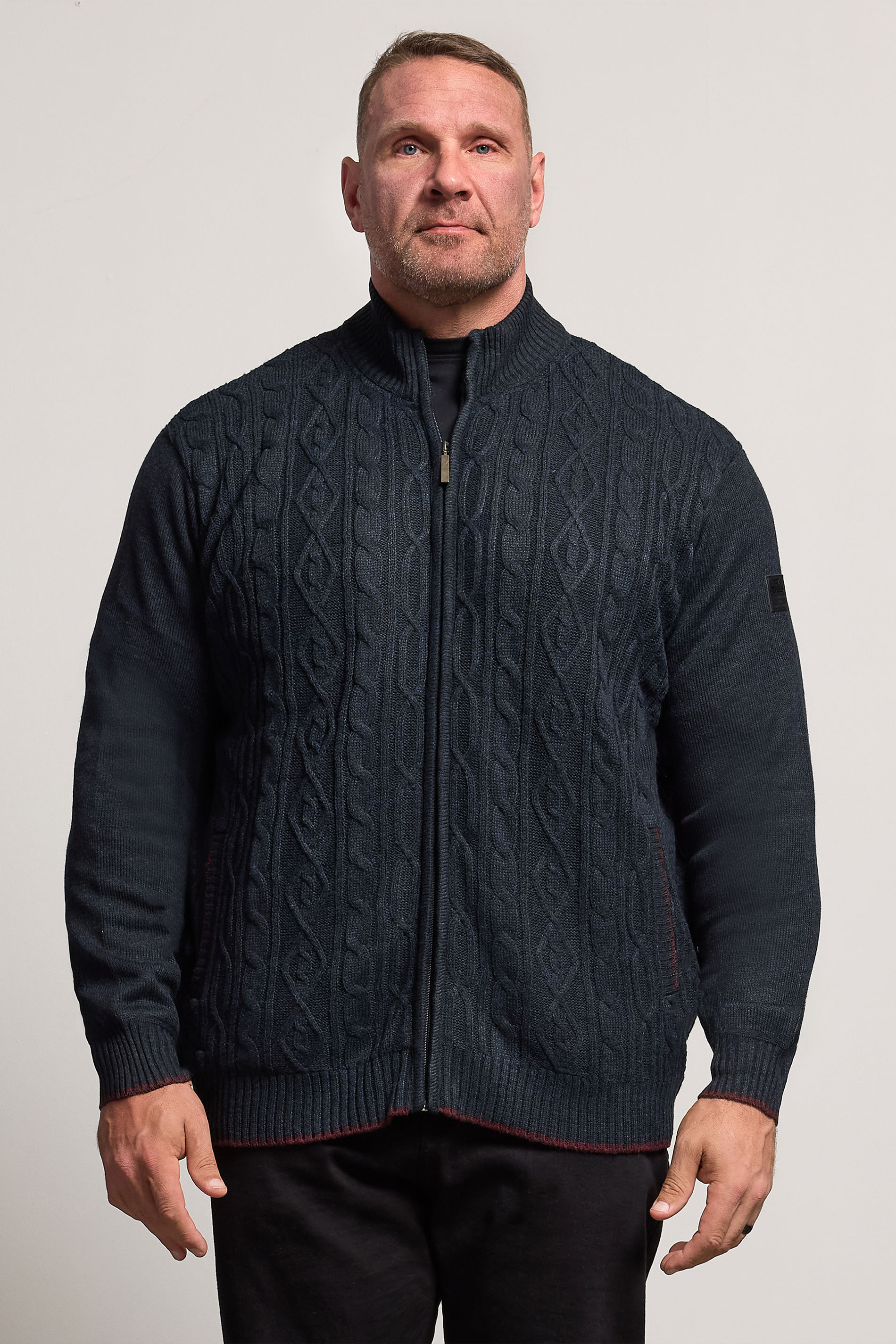 D555 Big & Tall Navy Blue Marl Zip Through Cable Knit Jumper | BadRhino 1