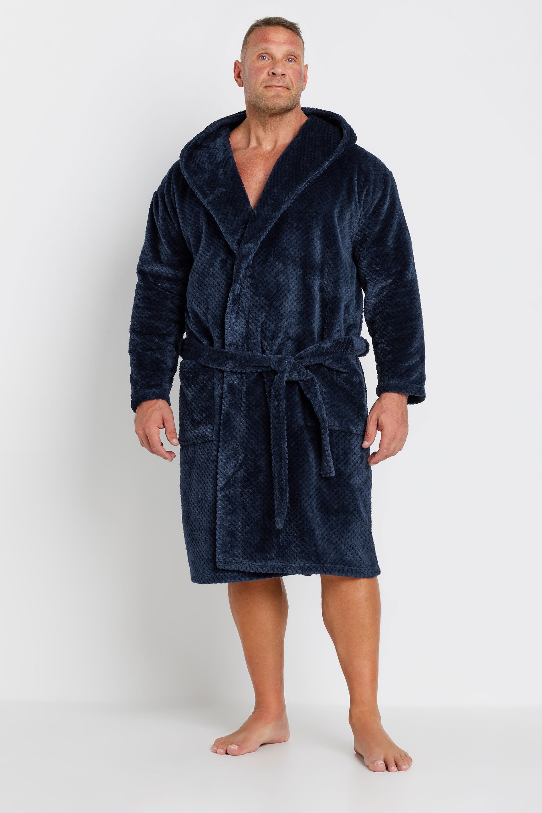 BadRhino Big & Tall Navy Blue Textured Fleece Dressing Gown | BadRhino 2