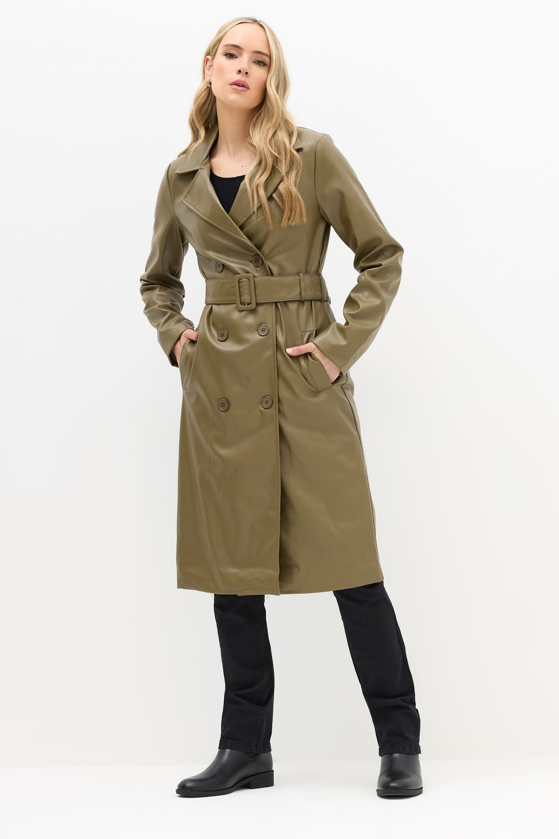LTS Tall Olive Green Faux Leather Trench Coat | Long Tall Sally 2