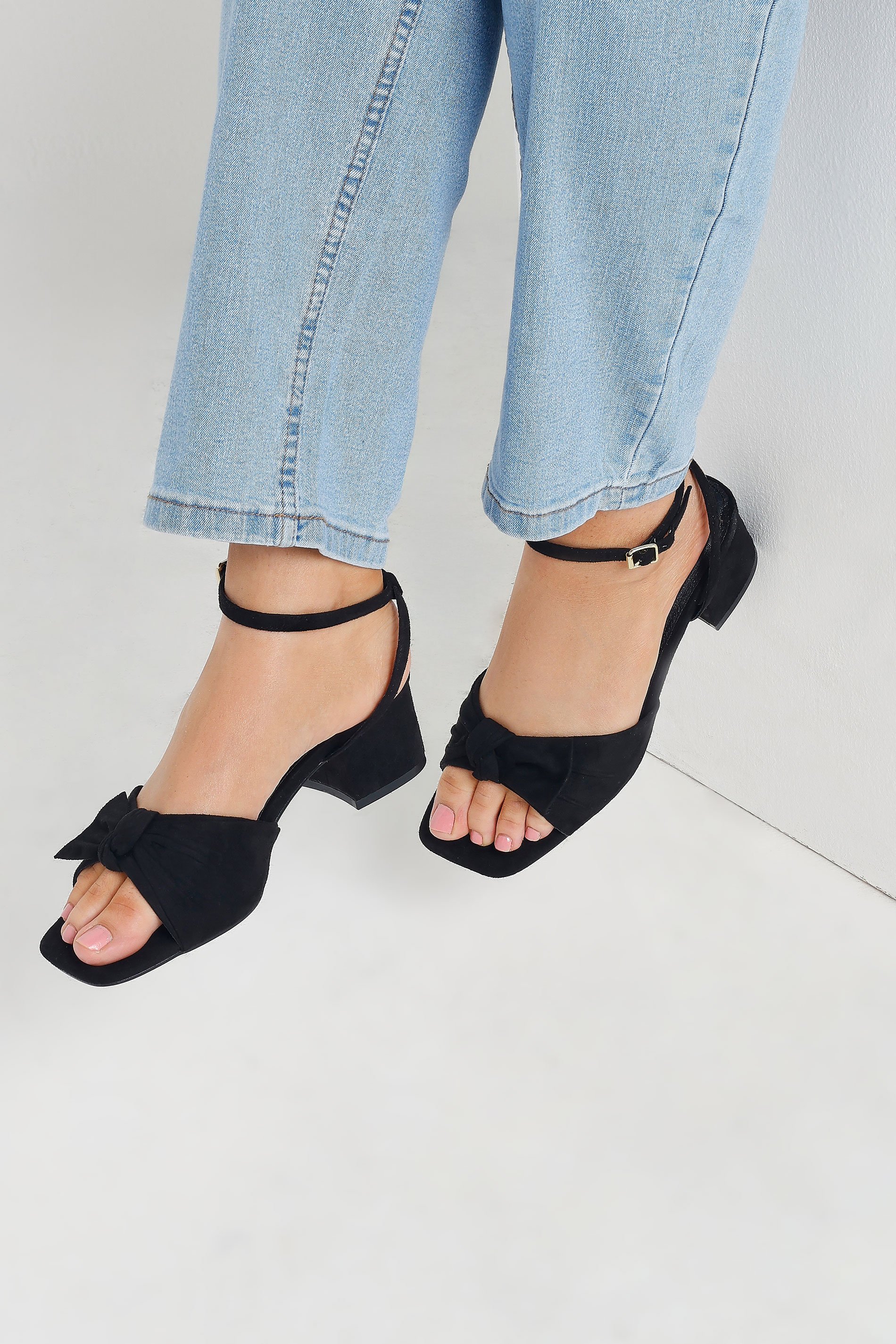 Black Faux Suede Bow Front Block Heels In Wide E Fit & Extra Wide EEE Fit | Yours Clothing 1