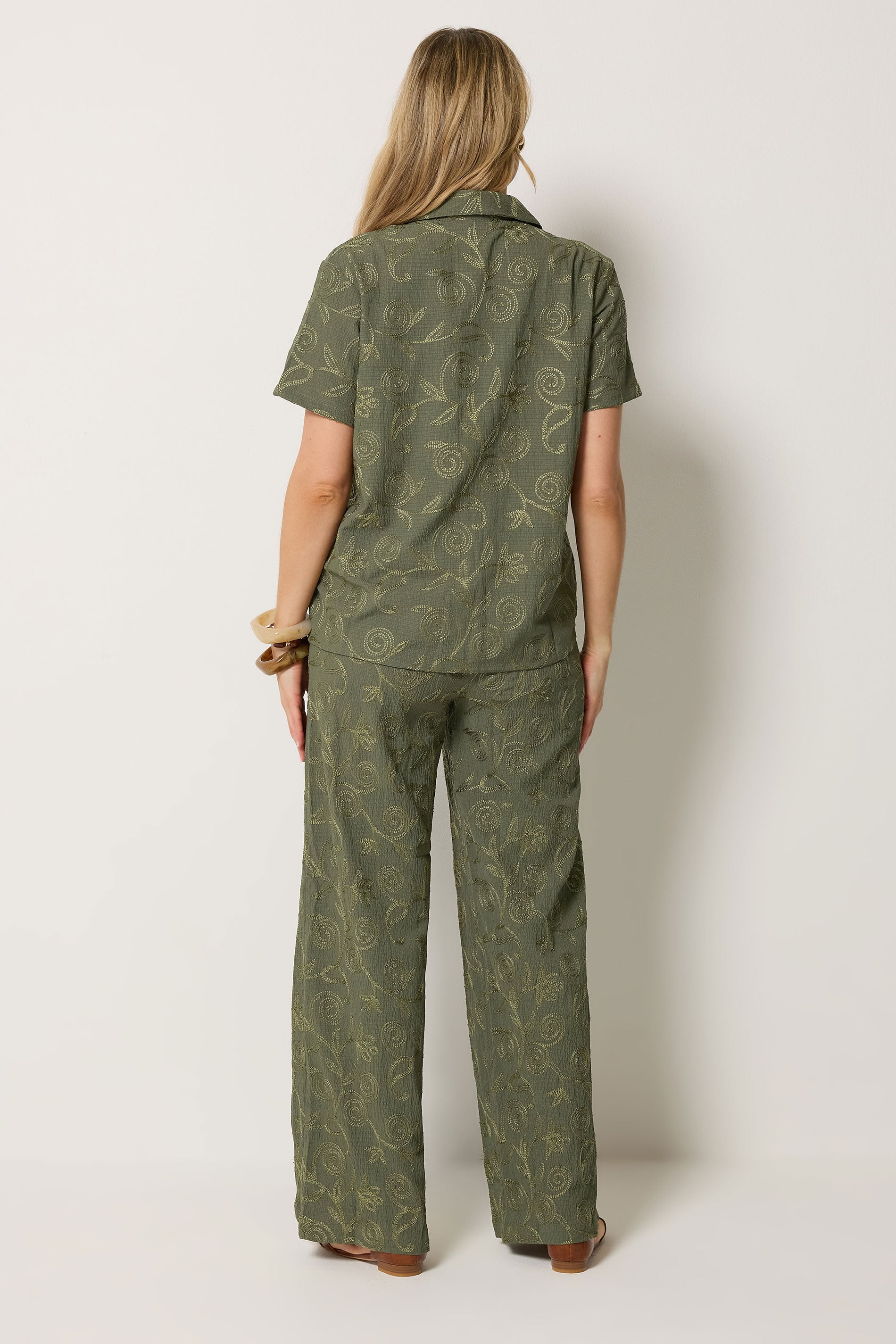 LTS Tall Women's Set Olive Green Floral Embroidered Shirt & Trousers | Long Tall Sally  2