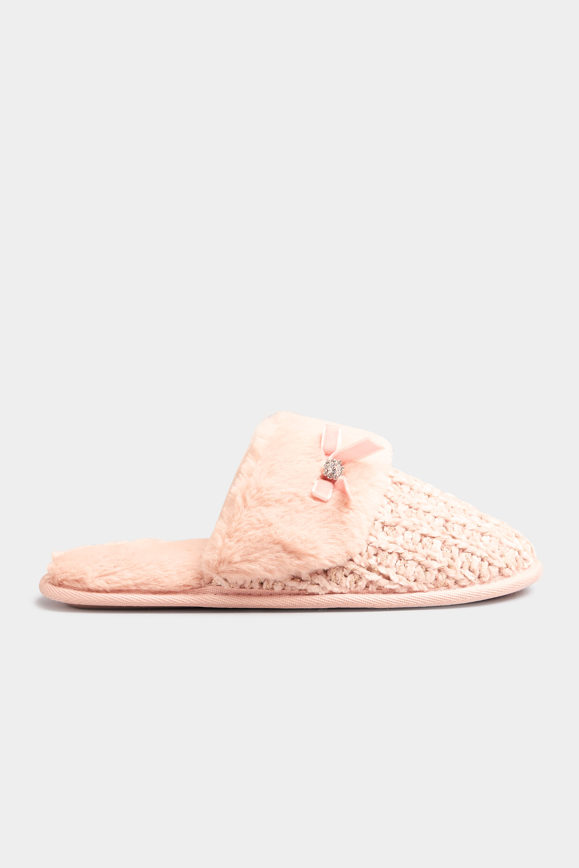 LTS Pink Fur Bow Mule Slippers In Standard Fit | Long Tall Sally 3