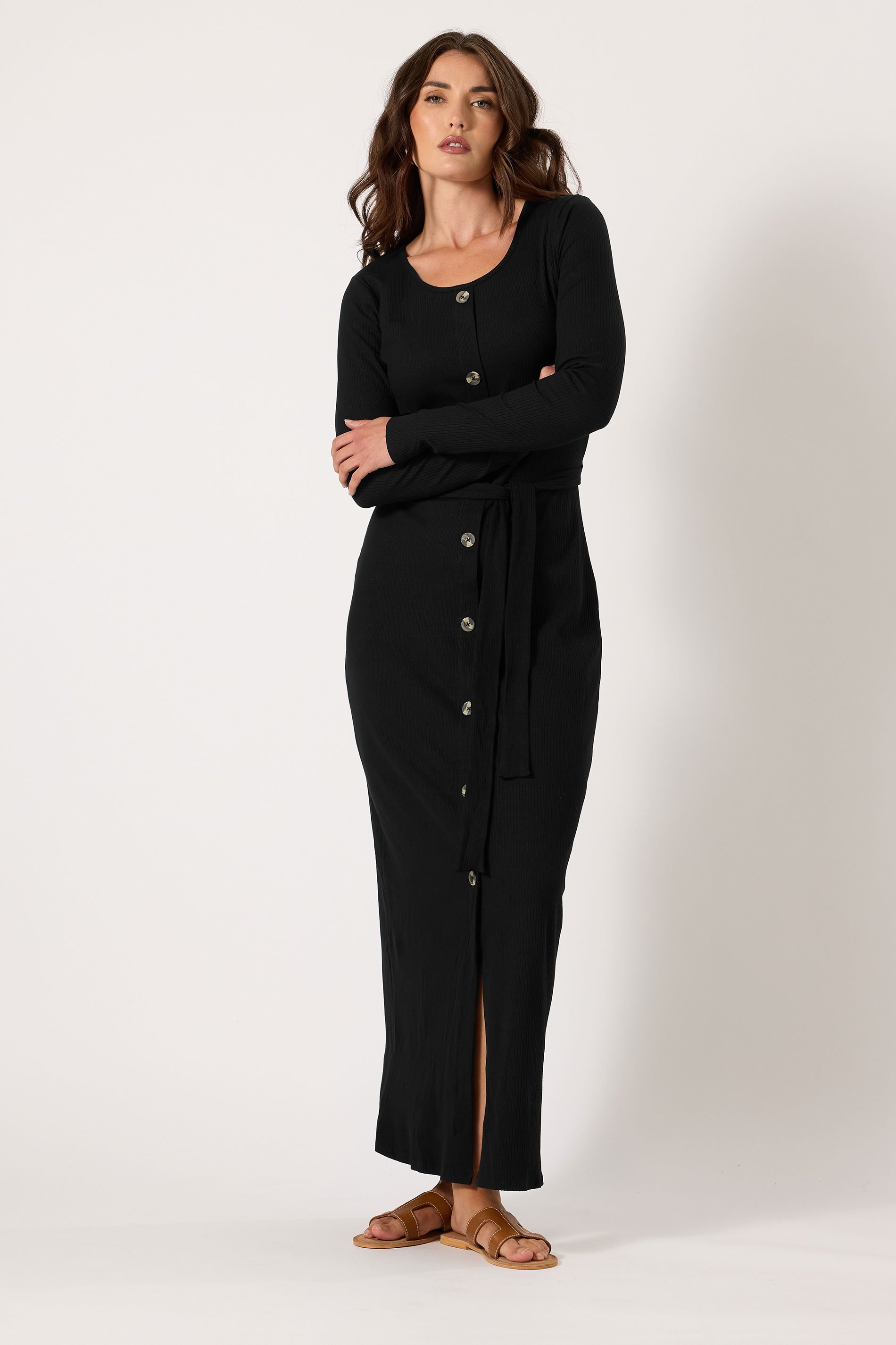 LTS Tall Black Ribbed Button Maxi Dress | Long Tall Sally 1