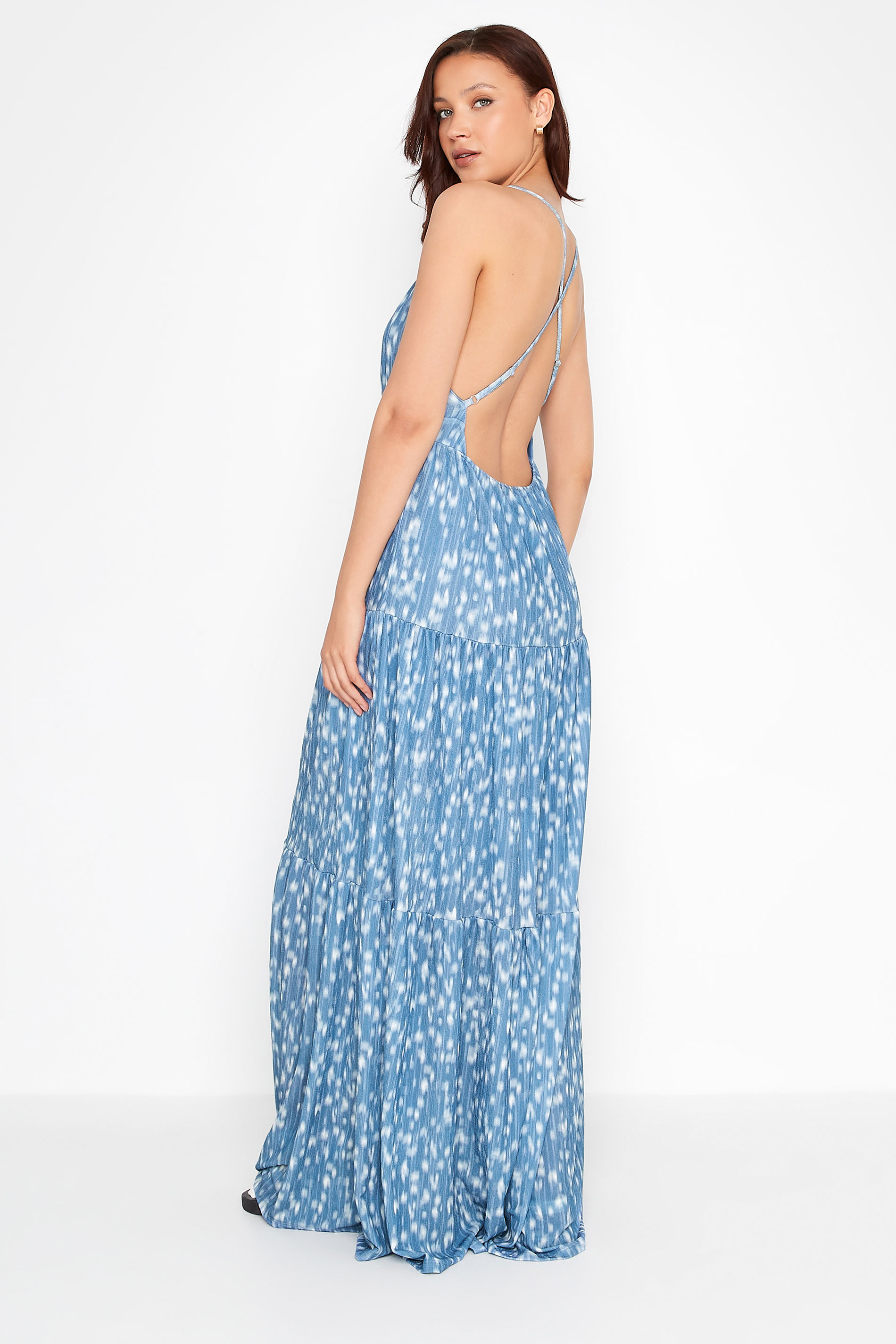 LTS Tall Women's Blue Spot Print Cross Back Tiered Maxi Dress | Long Tall Sally 3