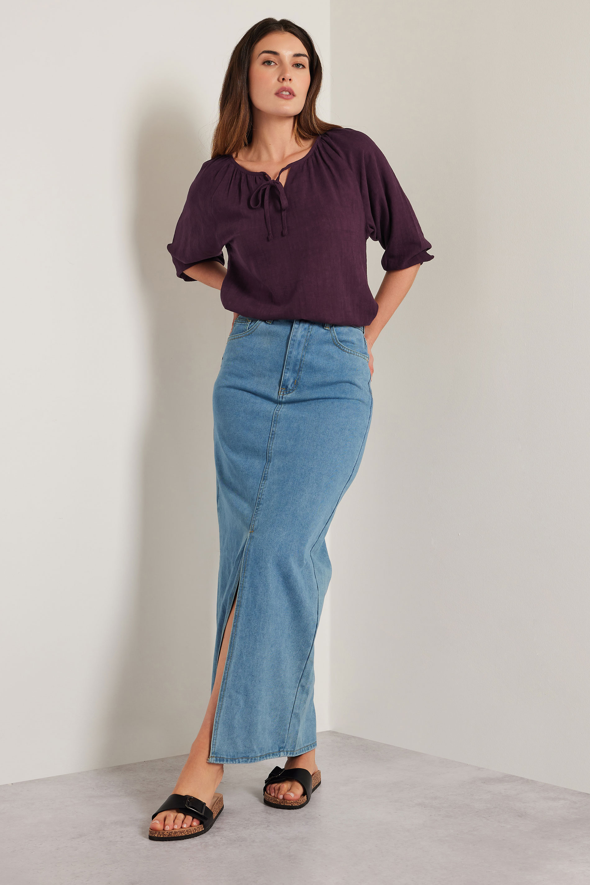 LTS Tall Dark Purple Linen Tie Front Top | Long Tall Sally 3