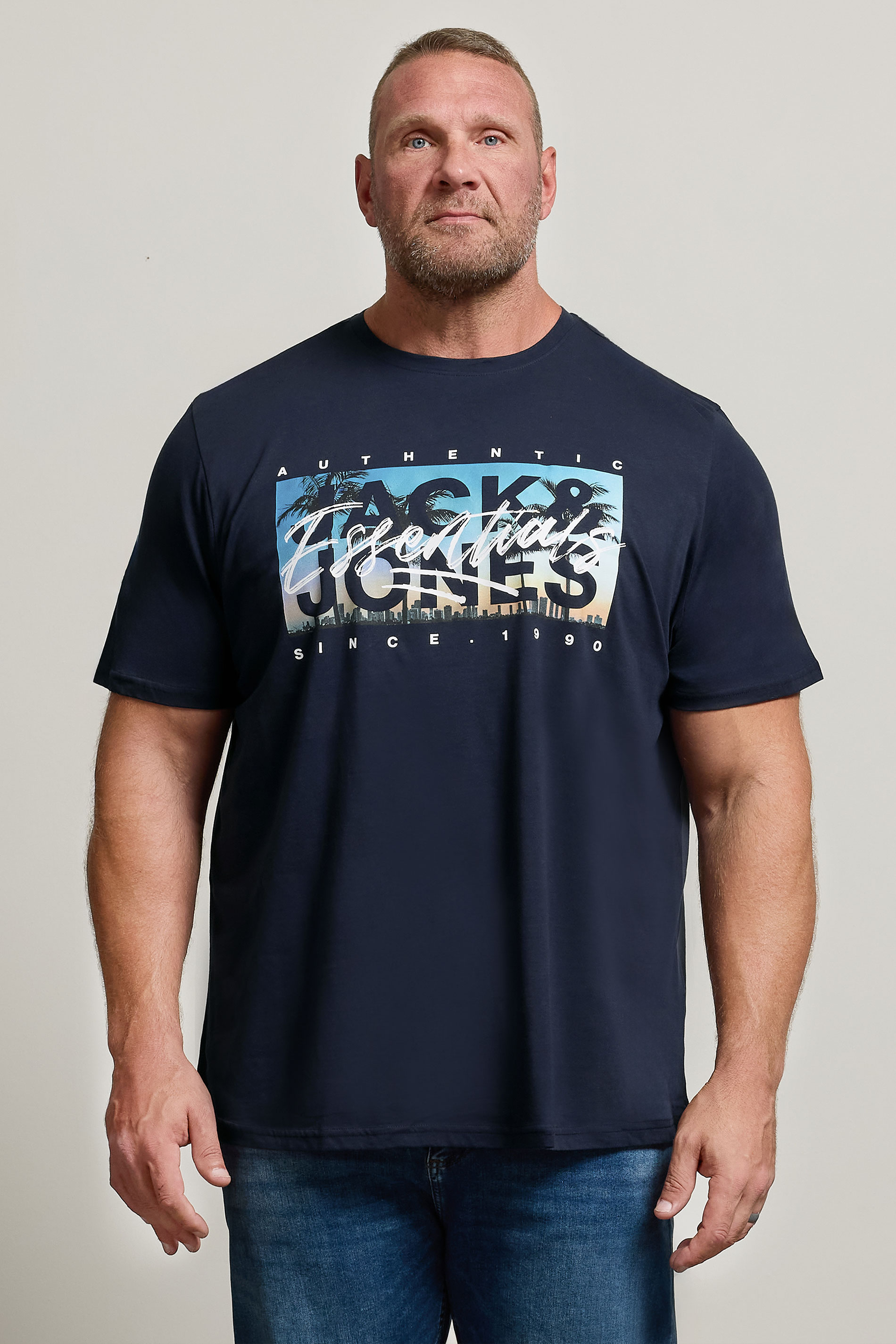 JACK & JONES Big & Tall Sky Captain Blue Photo-Print T-Shirt | BadRhino 1