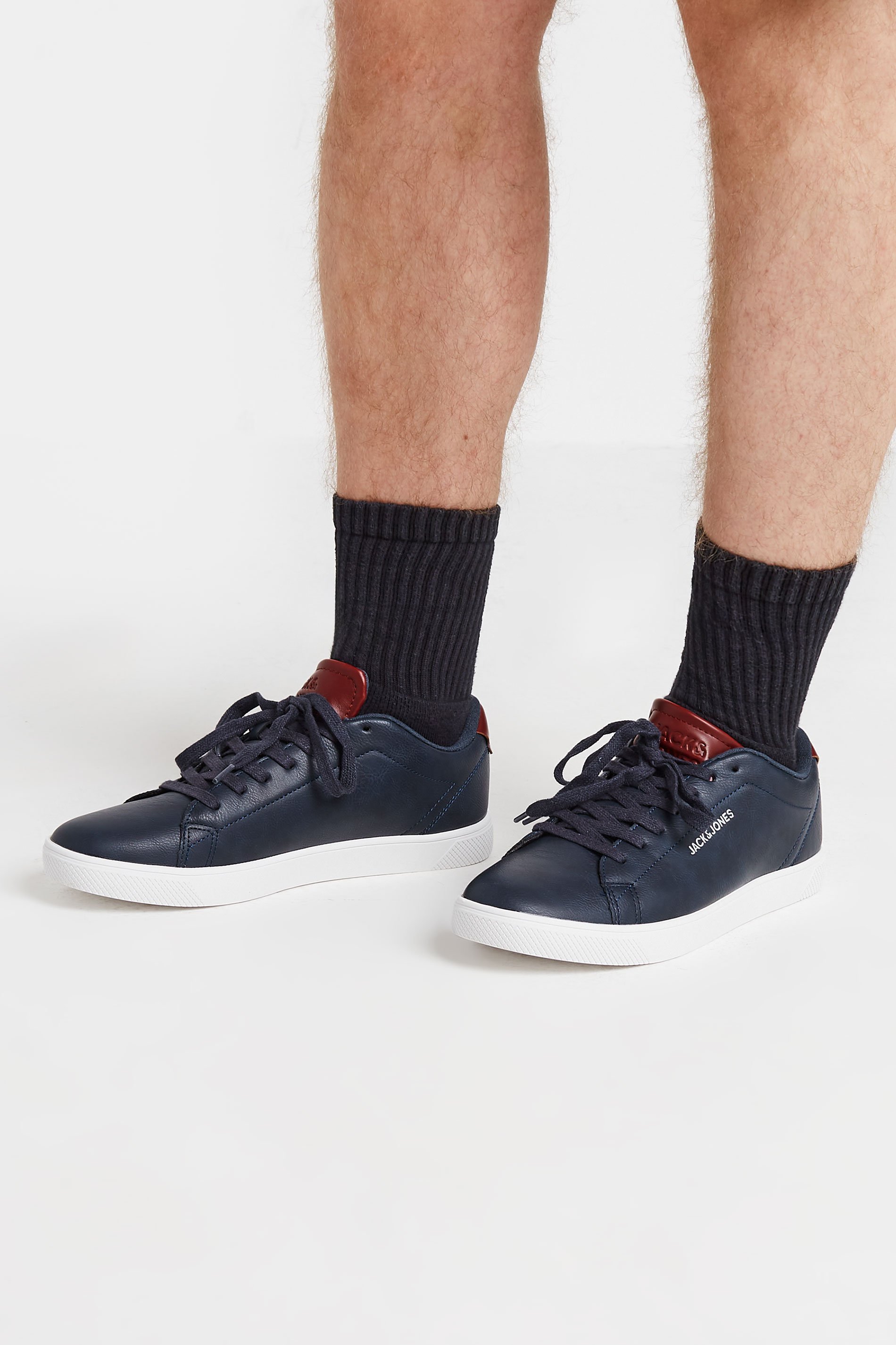 JACK & JONES Navy Blue & Burgundy Faux Leather Trainers | BadRhino 1