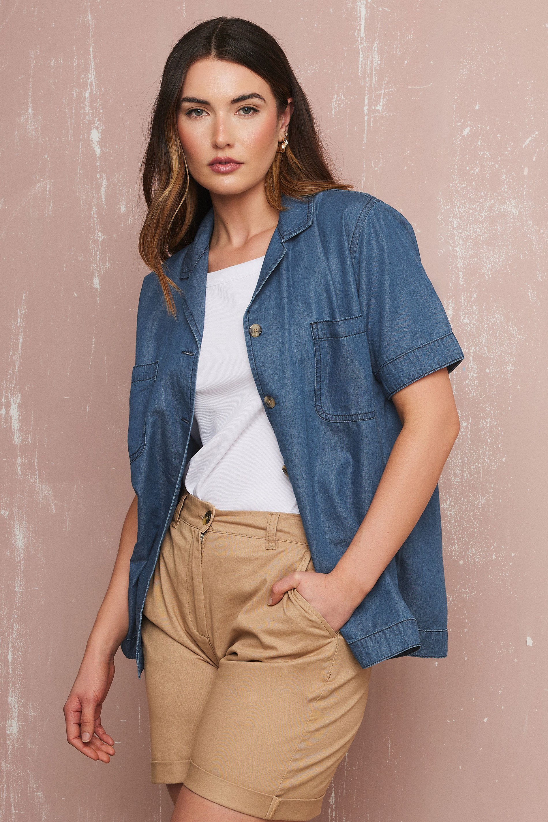 LTS Tall Blue Denim Pocket Collar Shirt | Long Tall Sally 1