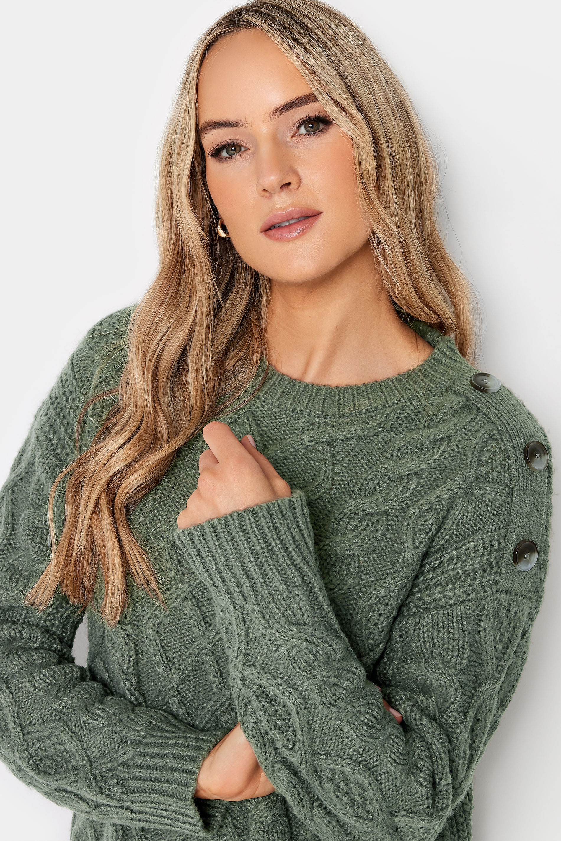 LTS Tall Womens Green Cable Button Scoop Neck Jumper | Long Tall Sally