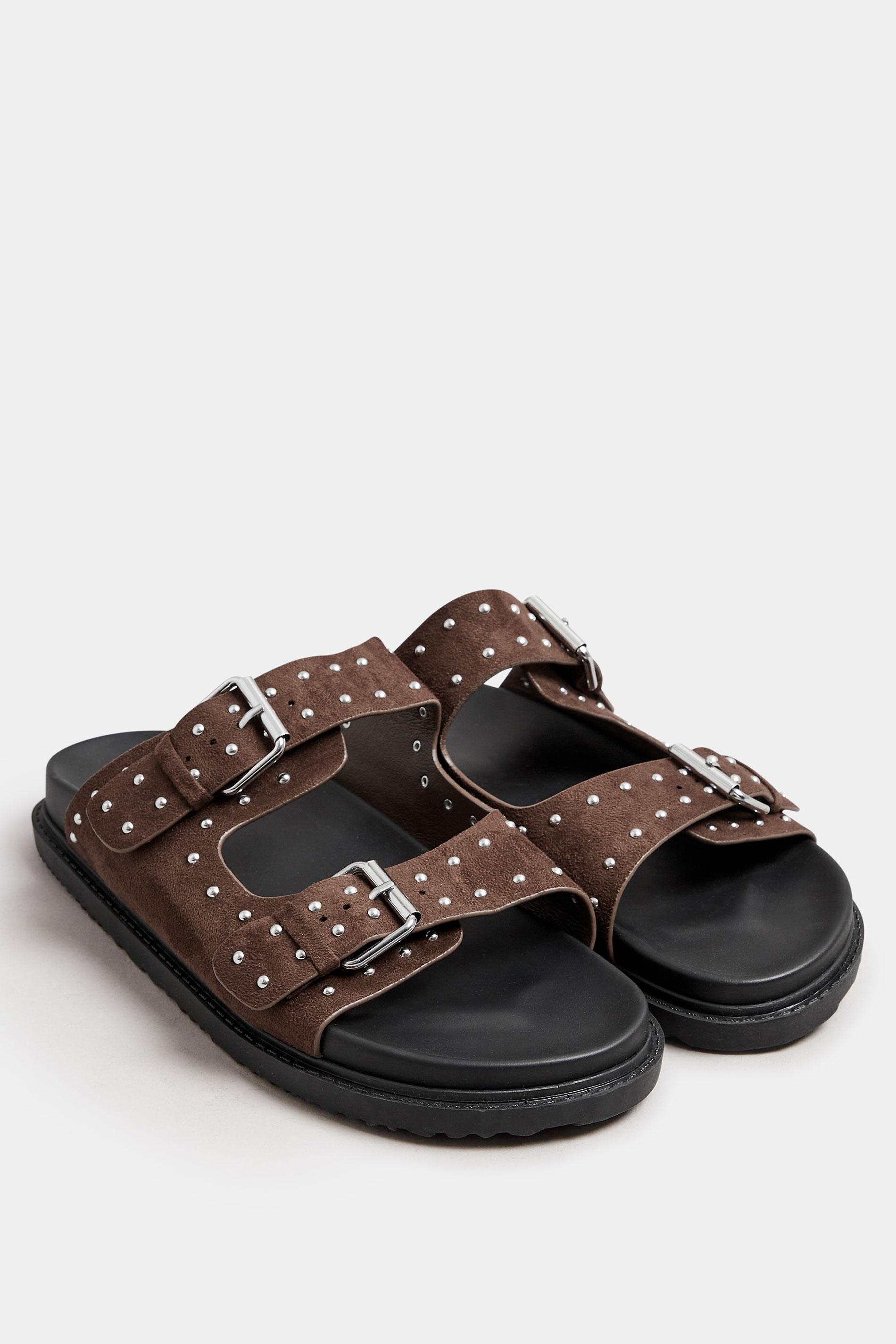 Brown Studded Buckle Strap Sandals In Extra Wide EEE Fit | Yours Clothing 2