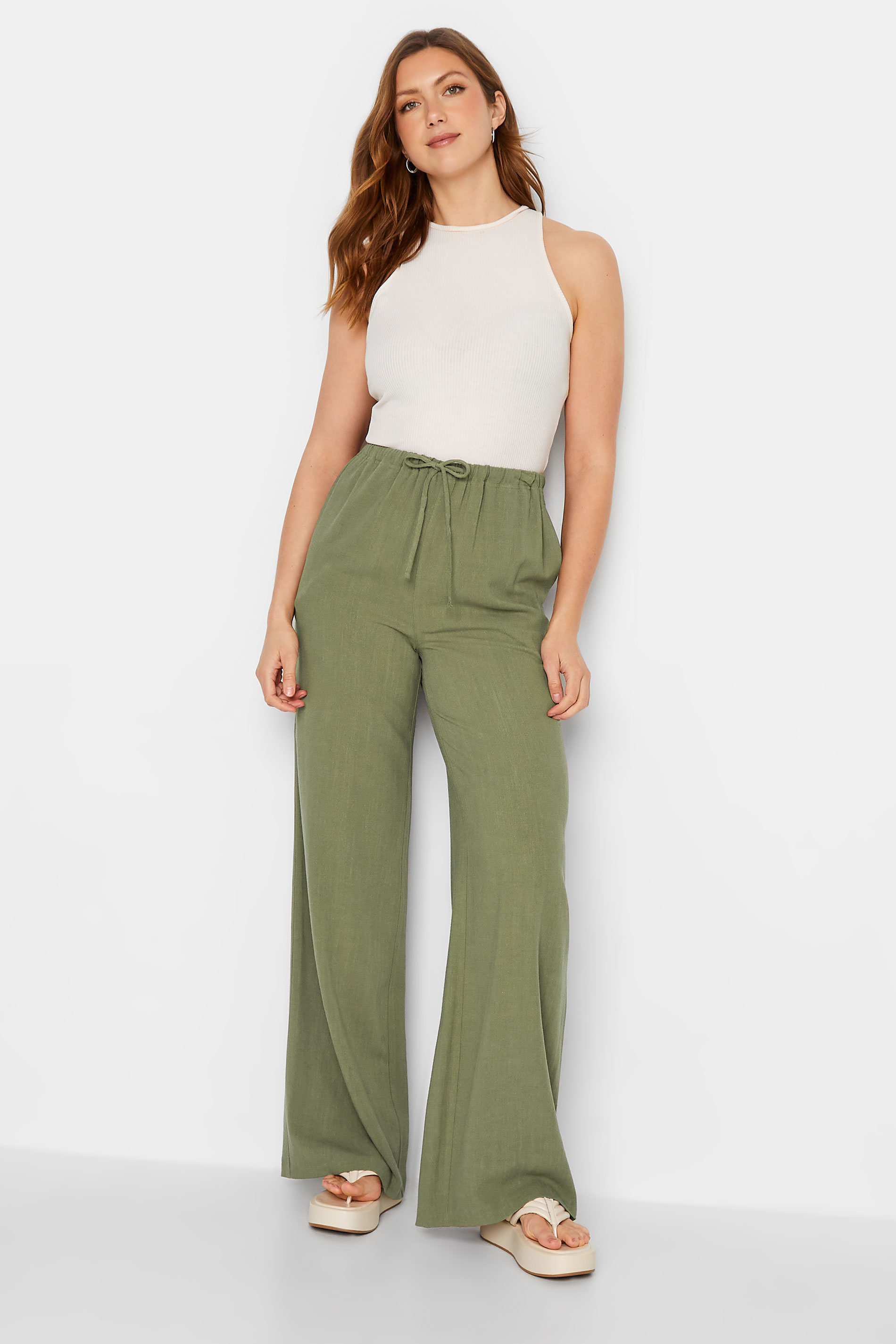 LTS Tall Women's Khaki Green Wide Leg Linen Look Trousers