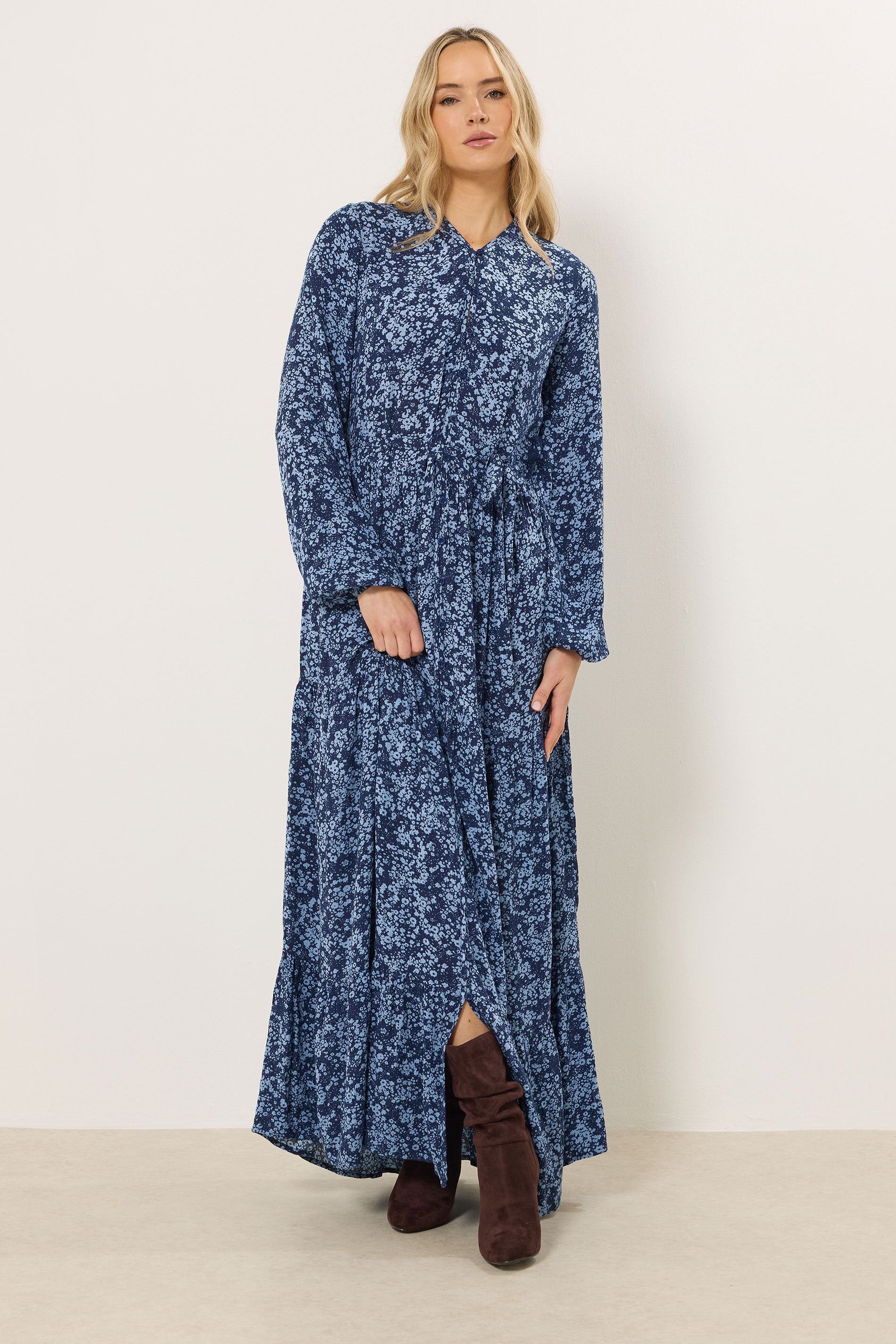 LTS Tall Women's Navy Blue Ditsy Crinkle Maxi Dress | Long Tall Sally 1