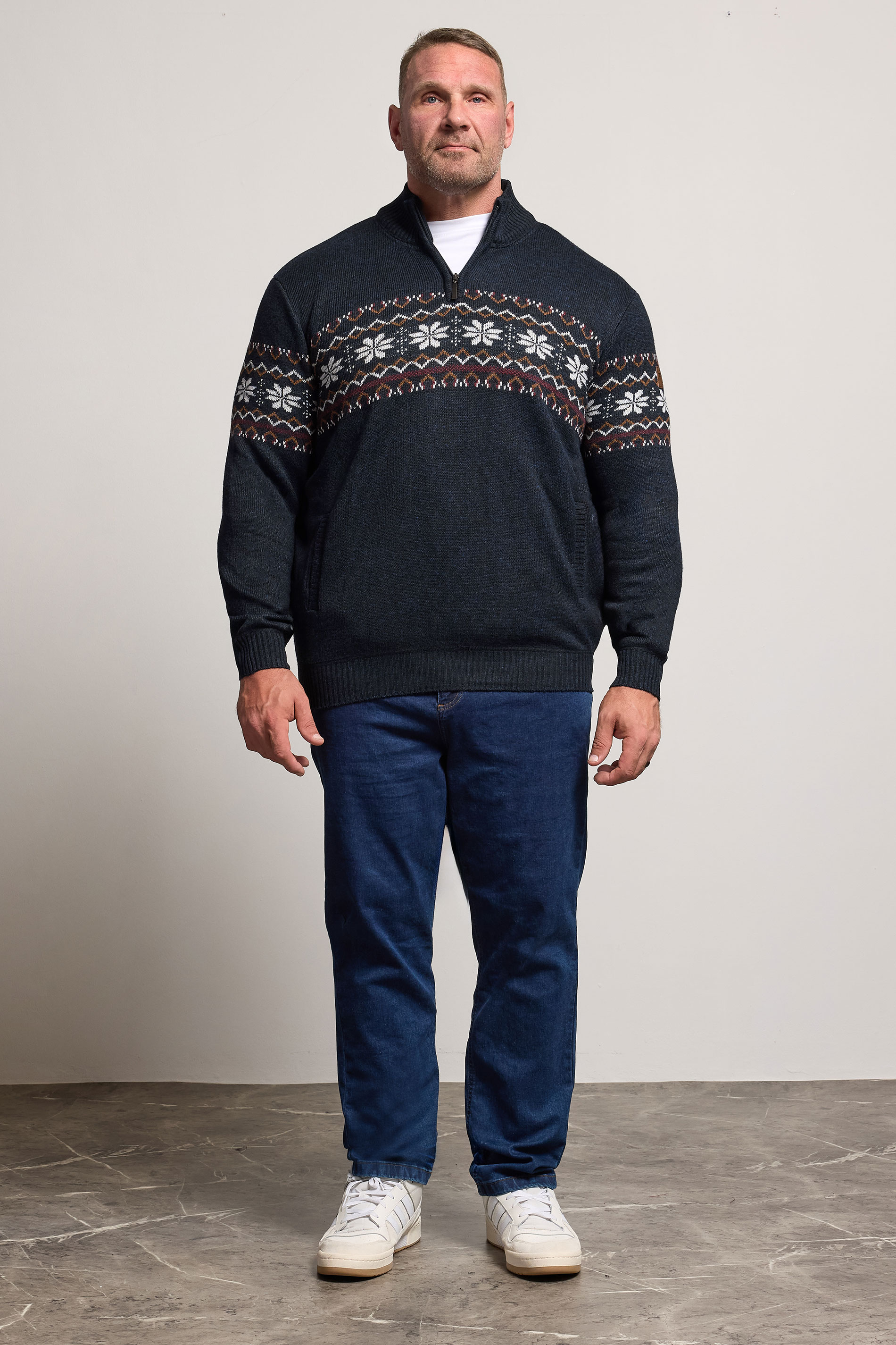 D555 Big & Tall Navy Blue Fairisle Quarter Zip Knitted Jumper | BadRhino 2