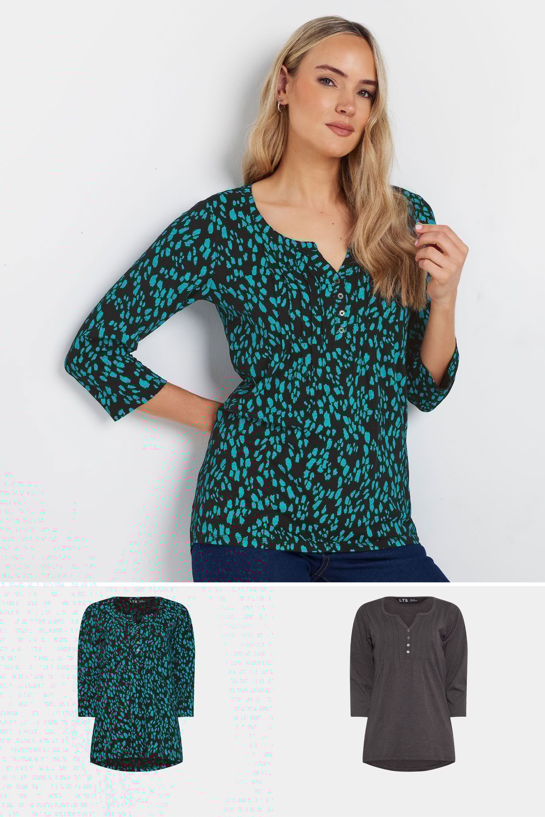 LTS Tall 2 PACK Teal Blue & Grey Henley Tops | Long Tall Sally 1