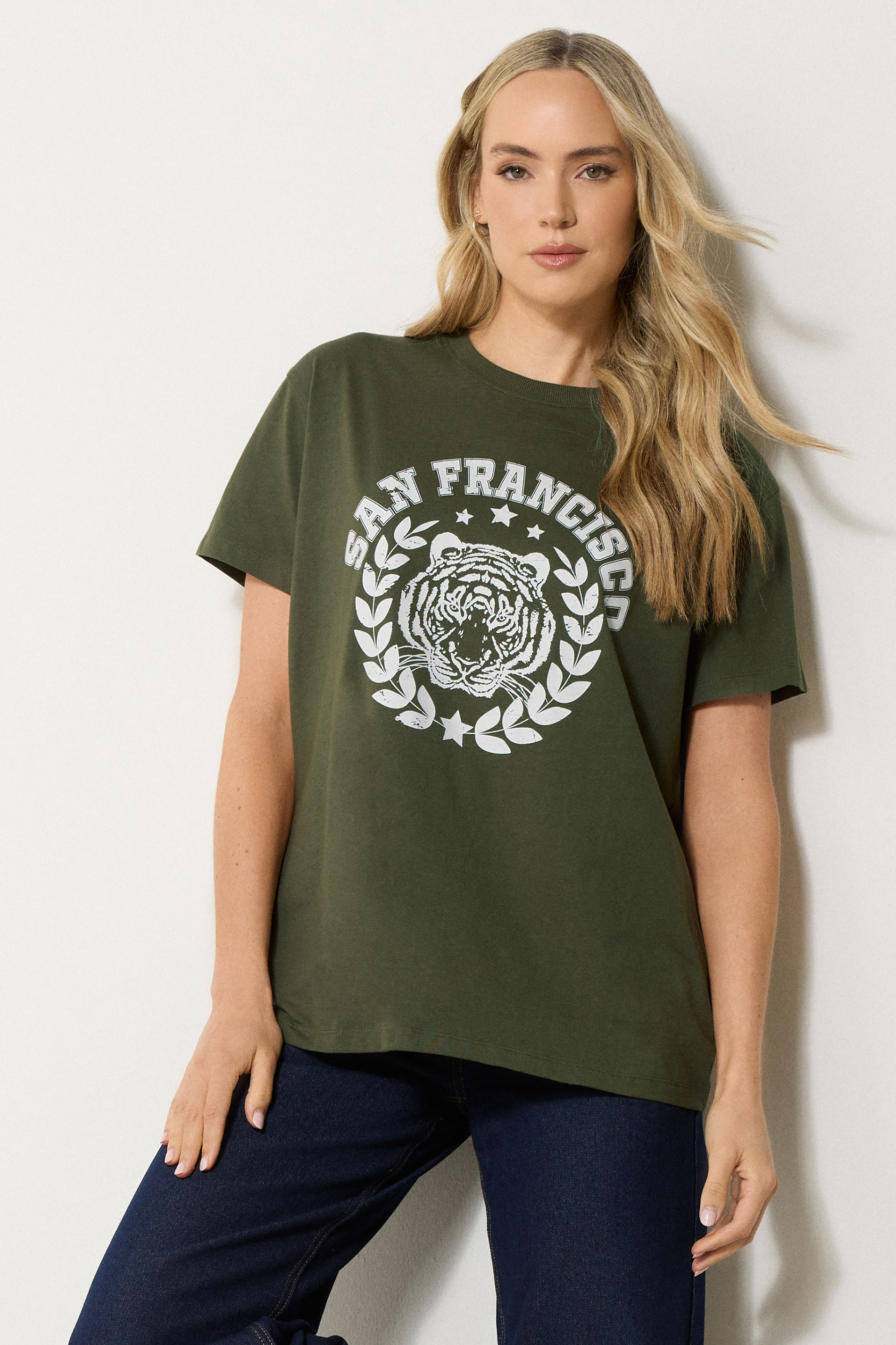 LTS Tall Khaki Green Cotton 'San Francisco' Slogan T-Shirt | Long Tall Sally 1