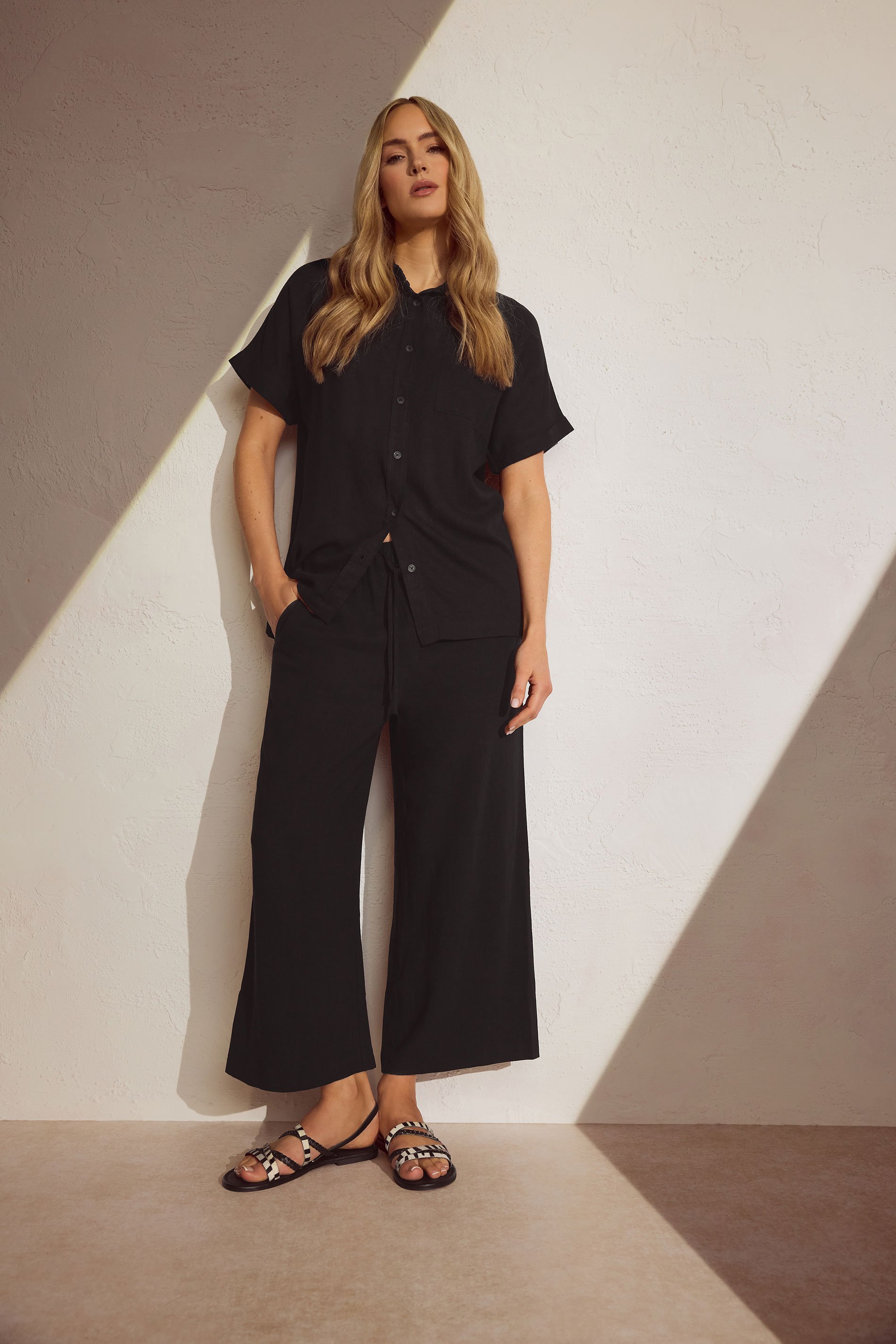 LTS Tall Black Wide Leg Cropped Linen Trousers 1