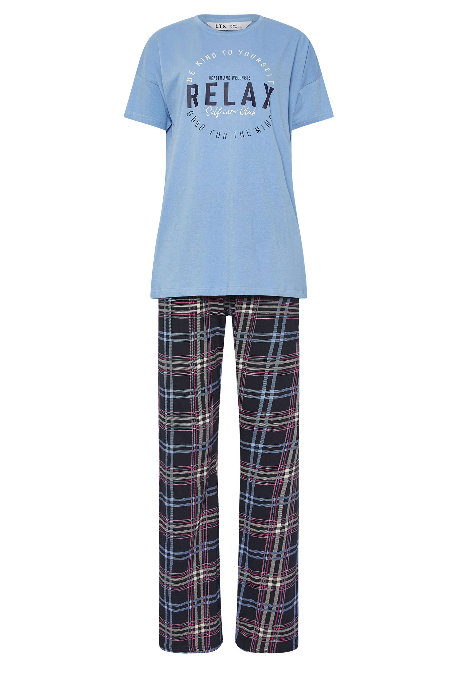 LTS Tall Blue Check 'Self Care' Slogan Wide Leg Pyjama Set | Long Tall Sally 5