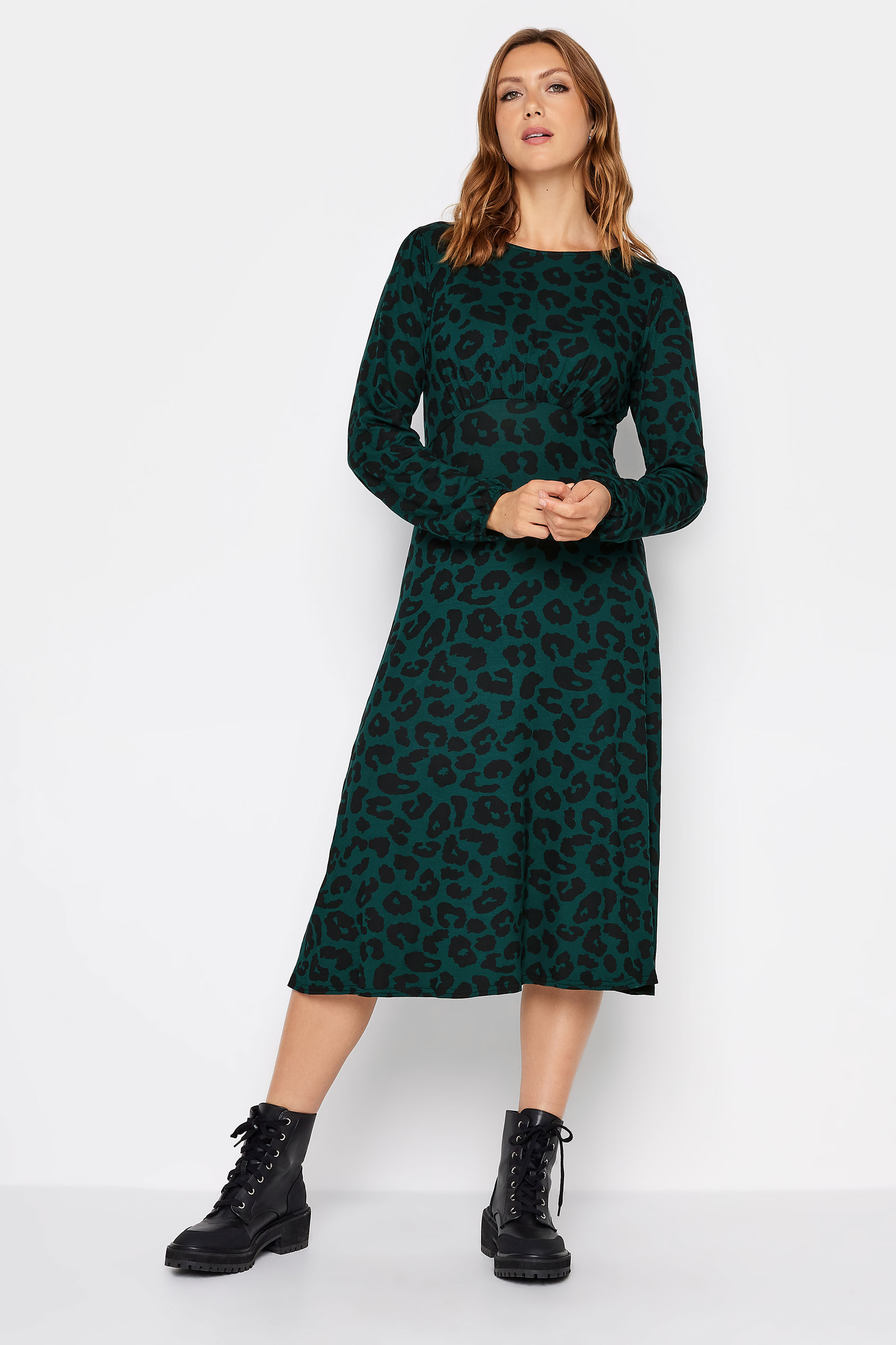 LTS Tall Green Long Sleeve Animal Print Midi Tea Dress 1