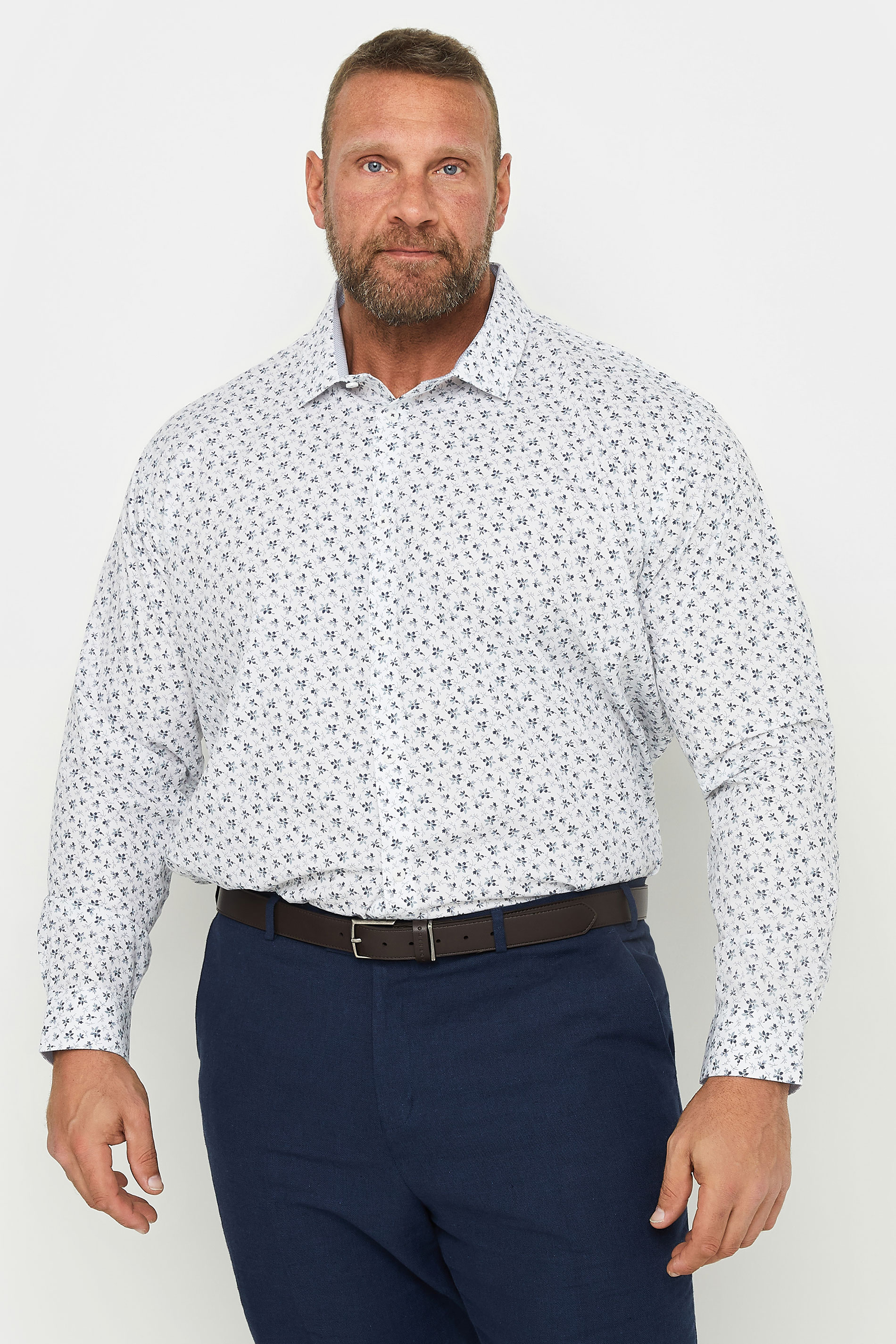 BadRhino Big & Tall Premium White & Blue Floral Print Long Sleeve Shirt | BadRhino 1