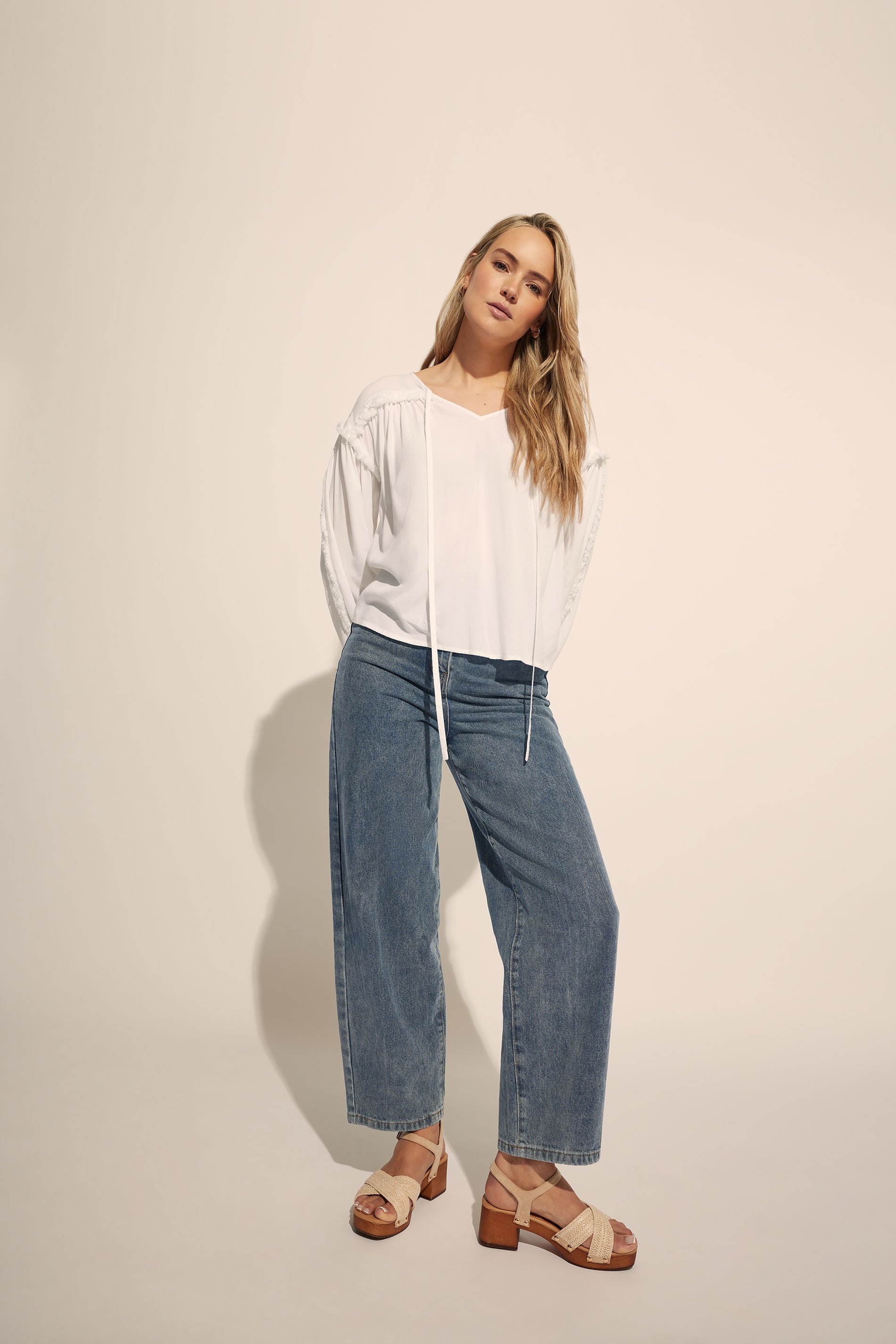 LTS Tall Ivory White Fringed Seam Tie Neck Blouse | Long Tall Sally 2
