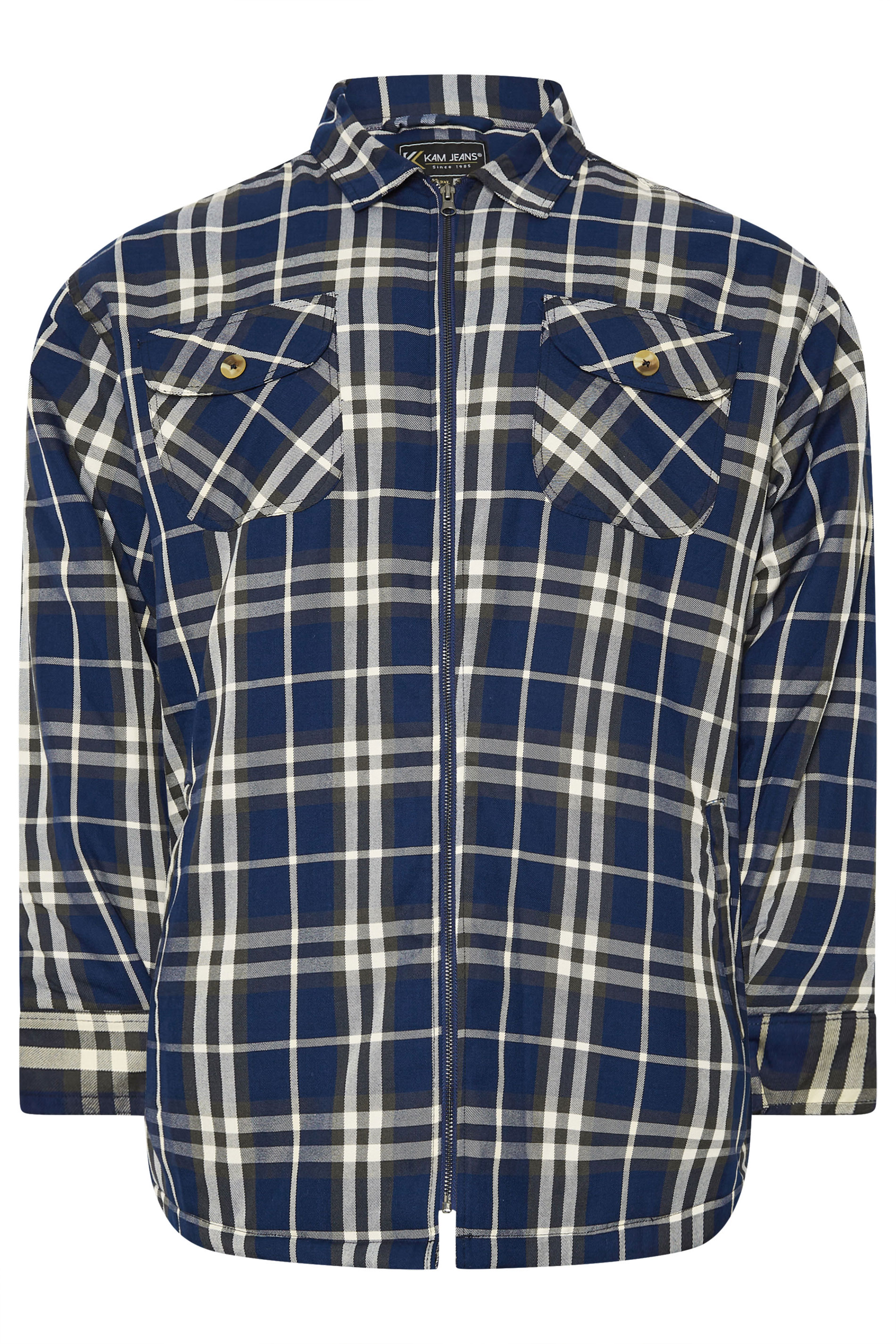 KAM Big & Tall Navy Blue Zip Through Quilted Check Overshirt | BadRhino 4