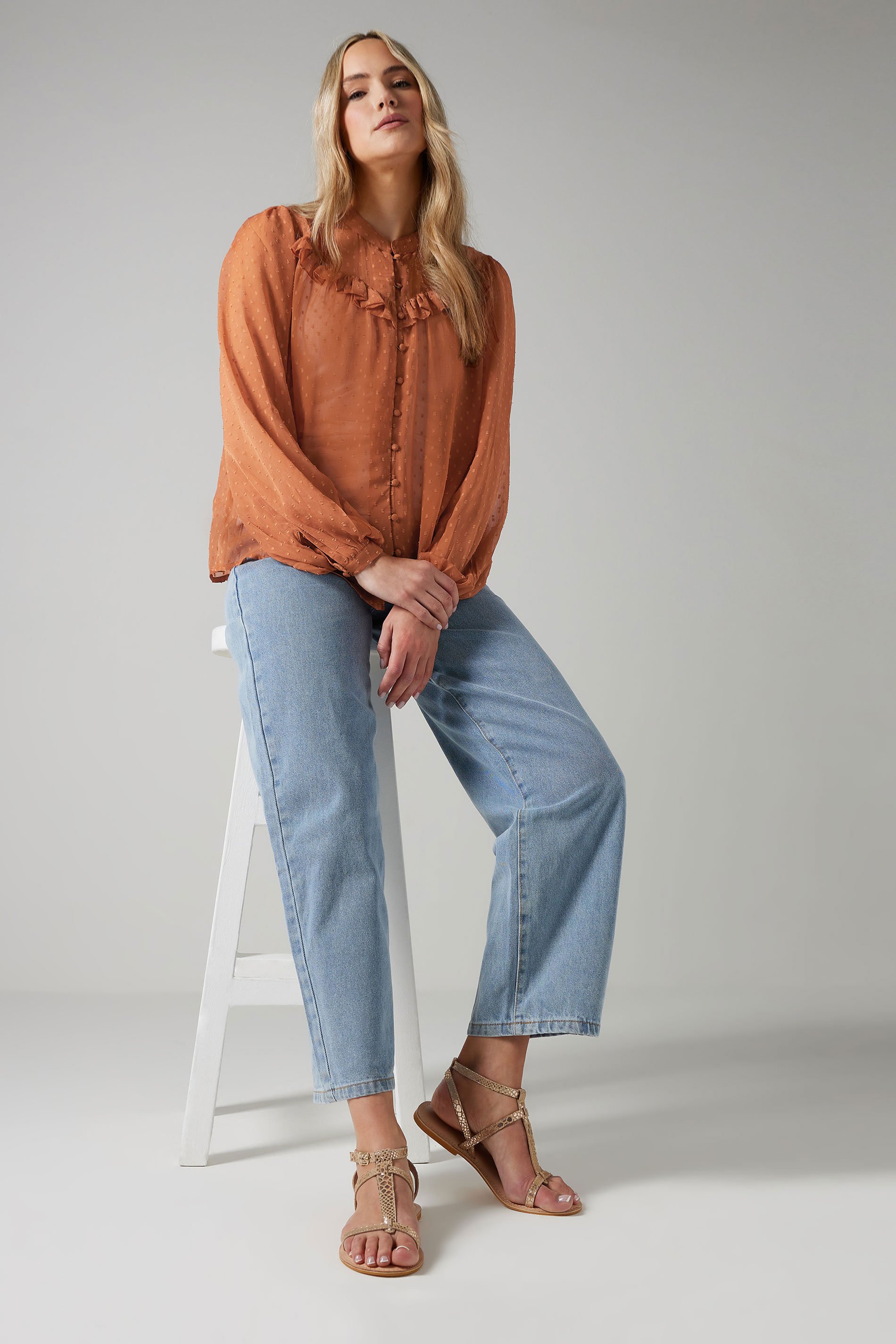 LTS Tall Coral Pink Sheer Dobby Frill Blouse | Long Tall Sally 3