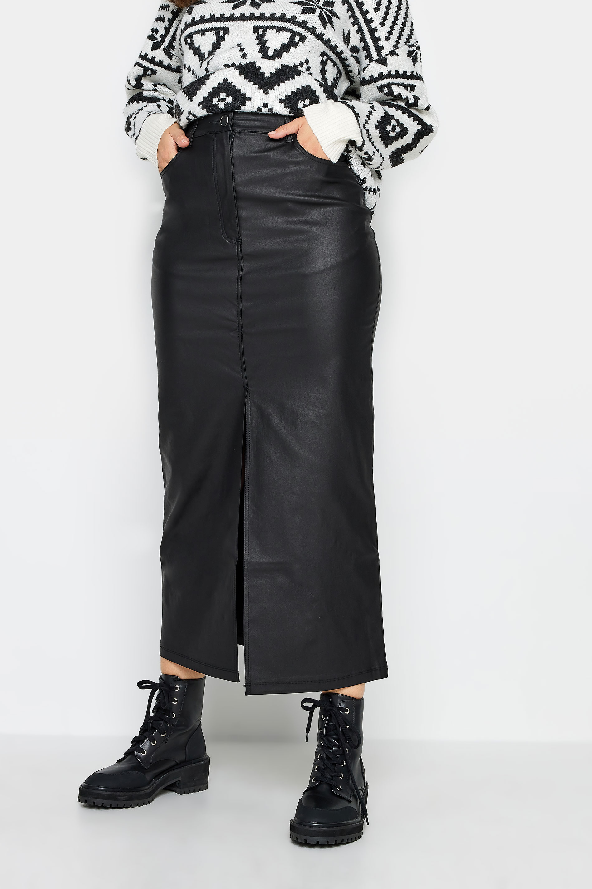 LTS Tall Black Coated Midi Skirt | Long Tall Sally  2