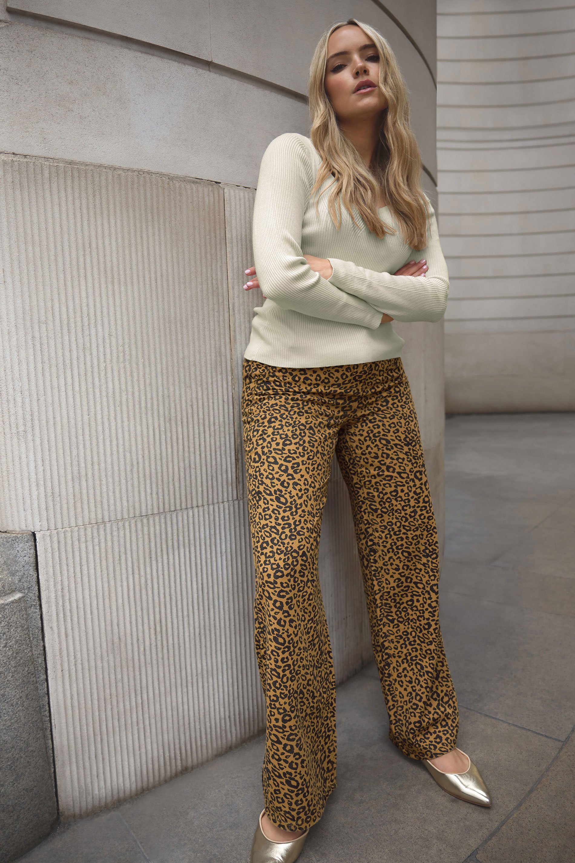 LTS Natural Brown Leopard Print Wide Leg Jeans | Long Tall Sally 1