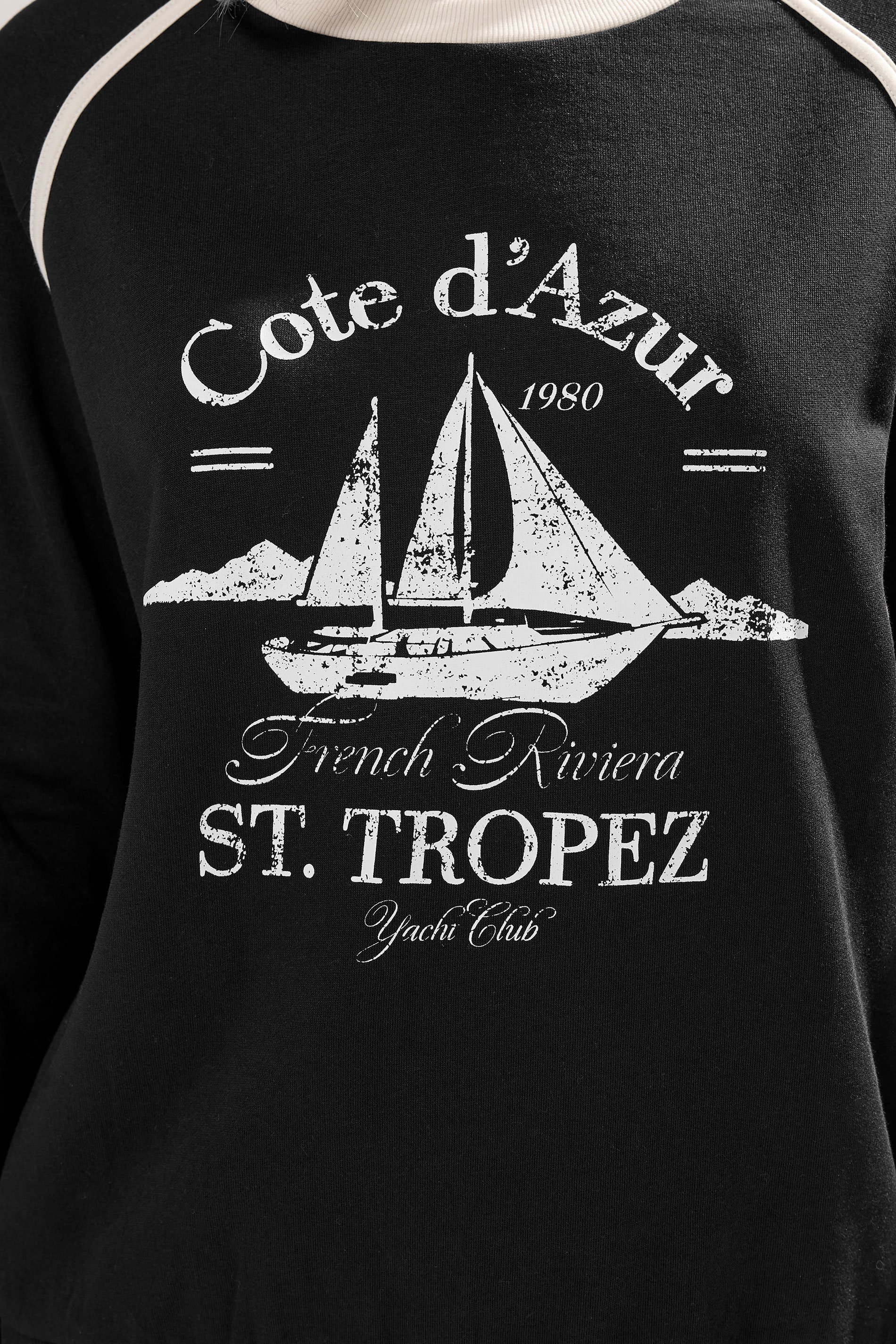 LTS Tall Black 'Cote d'Azur' Slogan Pipe Detail Sweatshirt | Long Tall Sally  4
