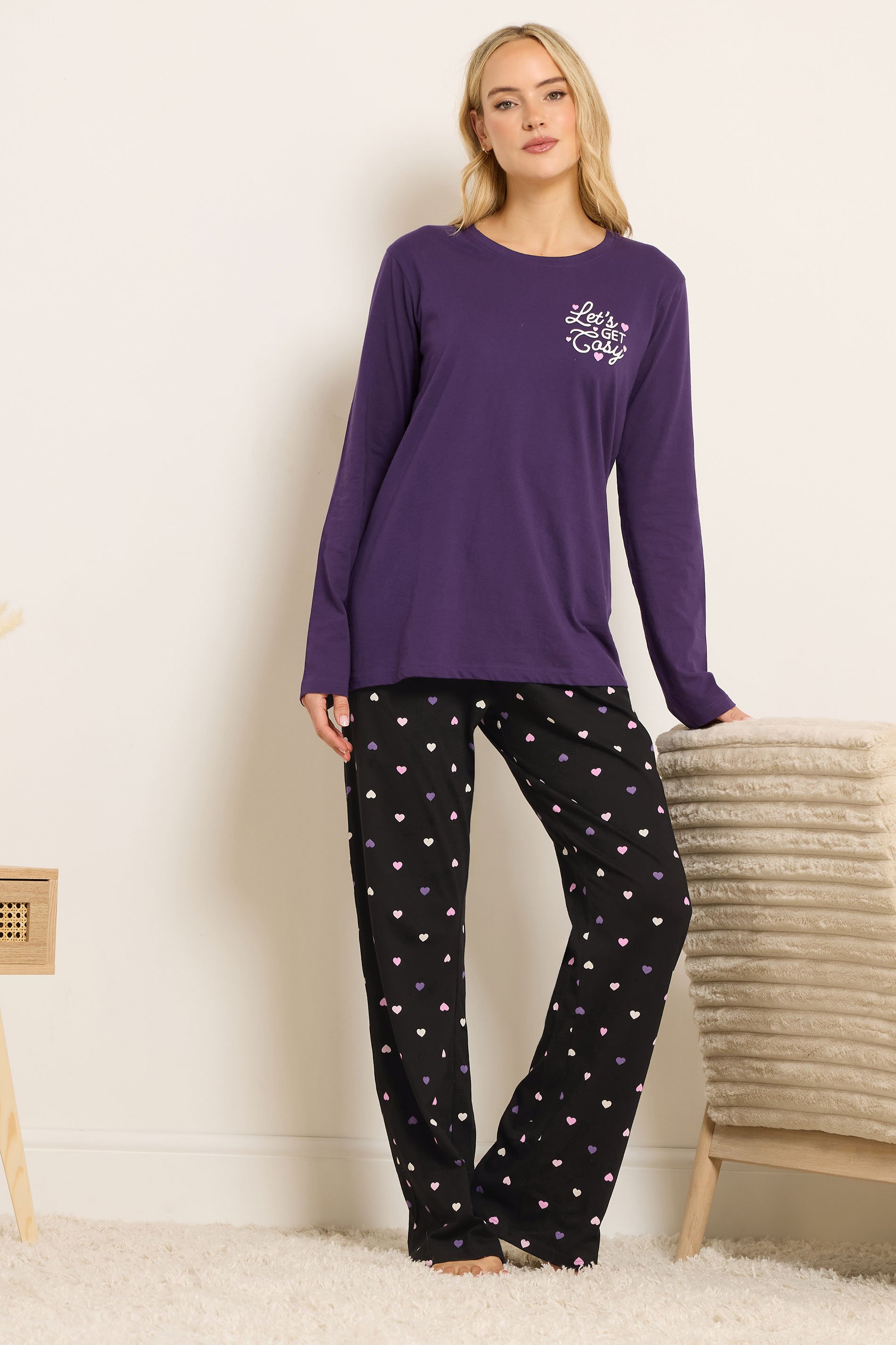 LTS Tall Purple 'Let's Get Cosy' Slogan Pyjama Set | Long Tall Sally 1