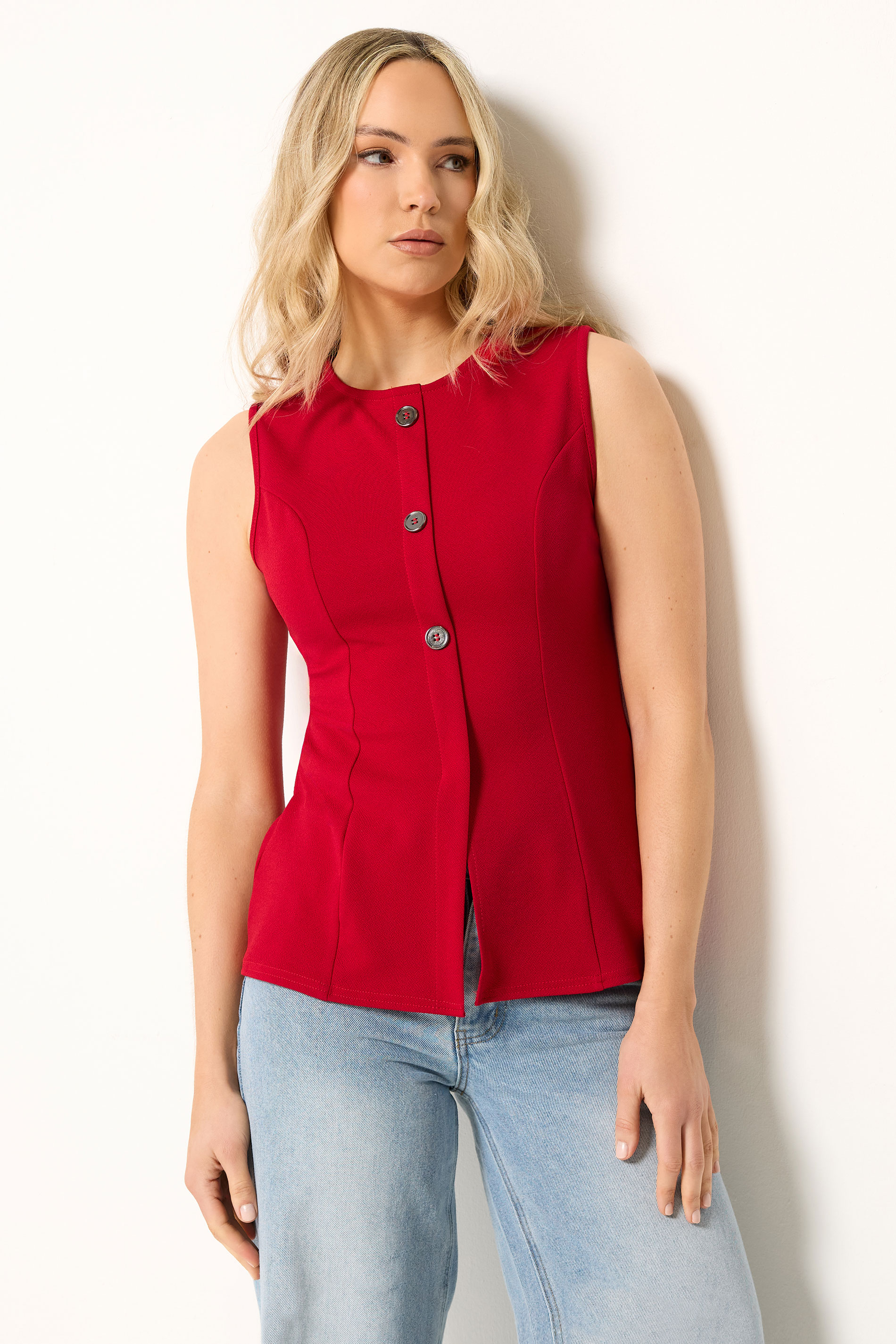 LTS Tall Women's Bright Red Textured Button Waistcoat | Long Tall Sally 3