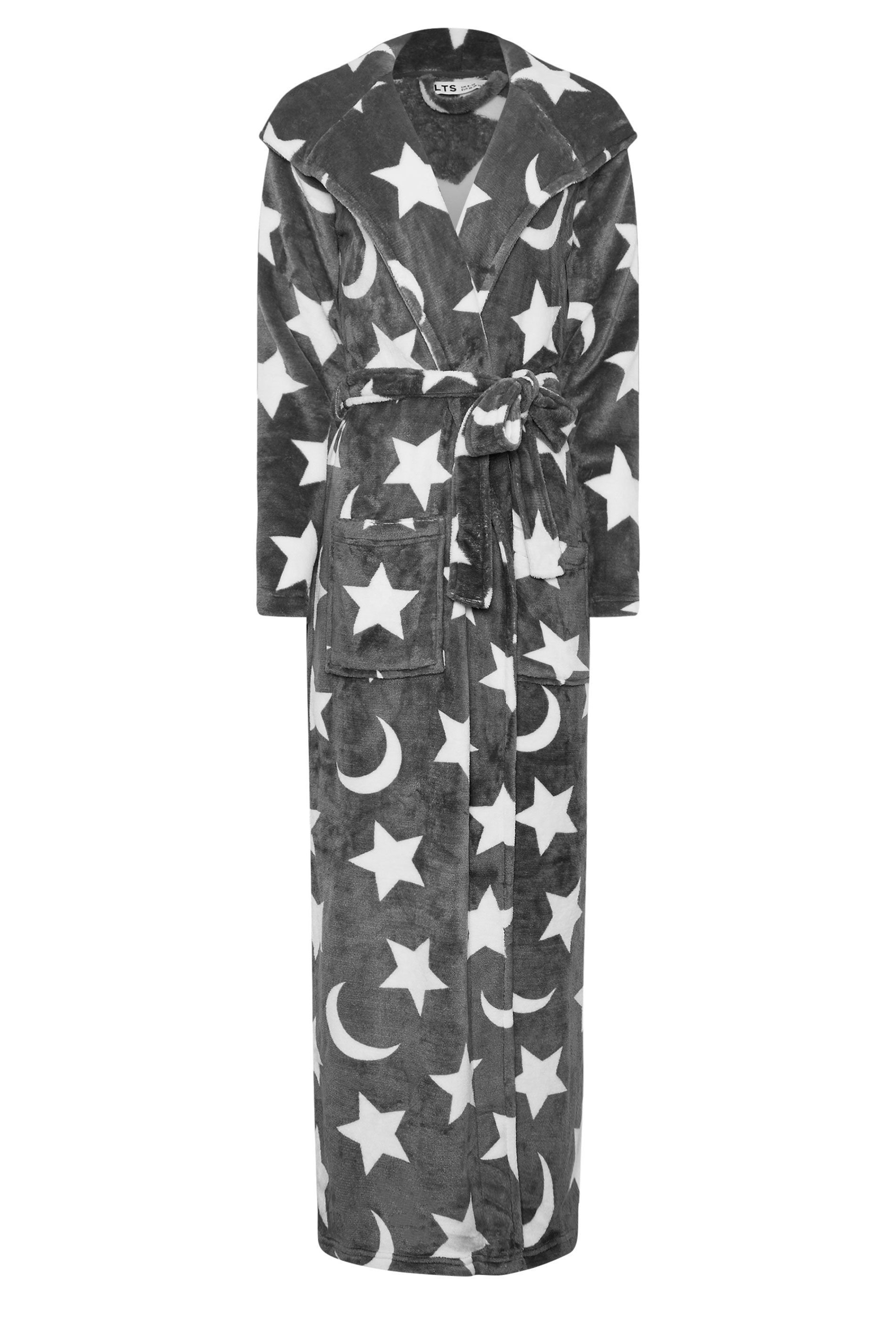 LTS Tall Grey Star & Moon Print Hooded Maxi Dressing Gown