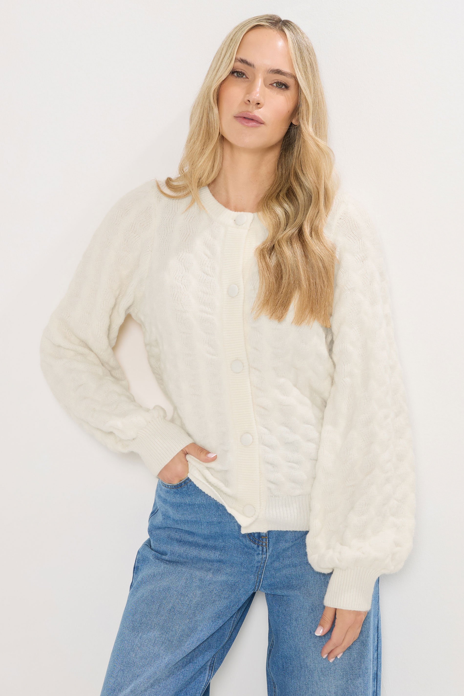 LTS Tall Ivory White Knitted Textured Button Cardigan | Long Tall Sally 2