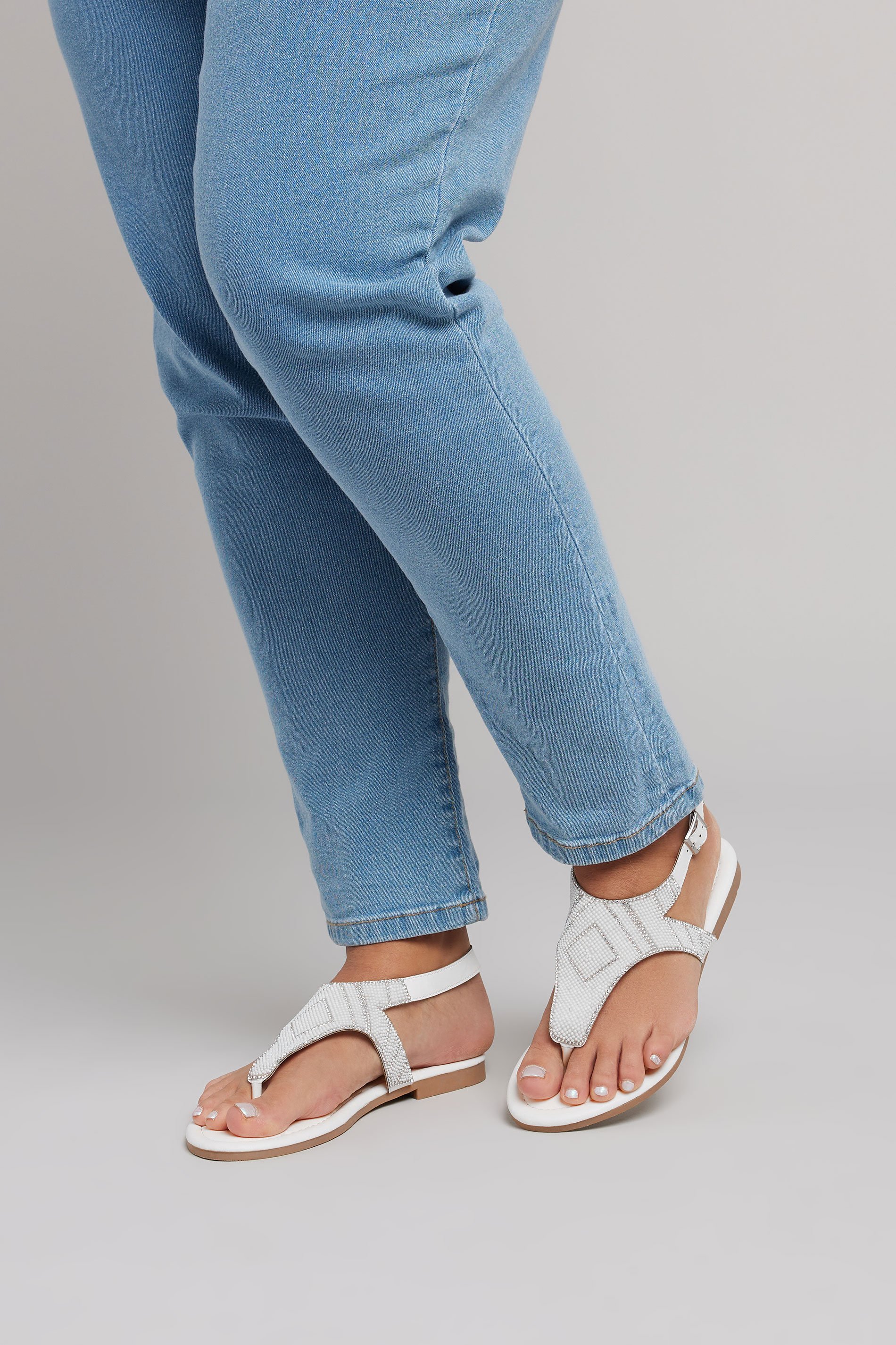 White Embellished T-Bar Sandals In Wide E & Extra Wide EEE Fit | Yours Clothing 1