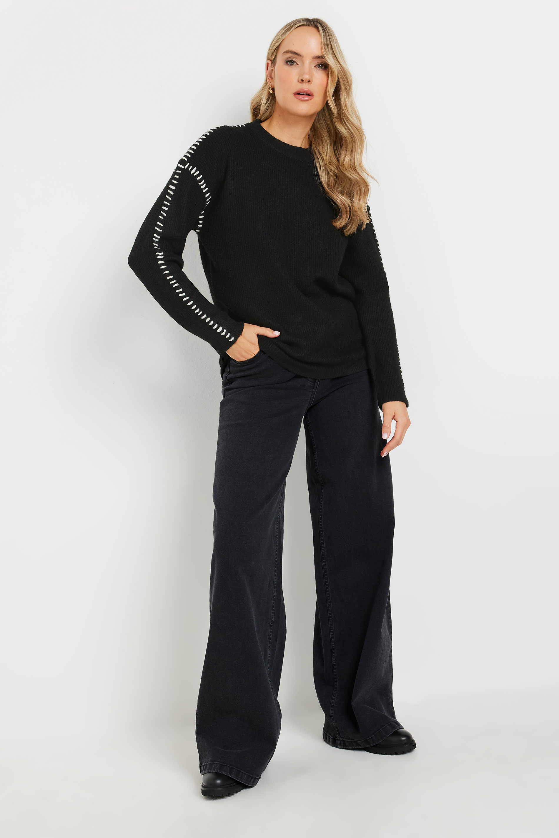 LTS Tall Black Knitted Contrast Stitch Jumper | Long Tall Sally 2