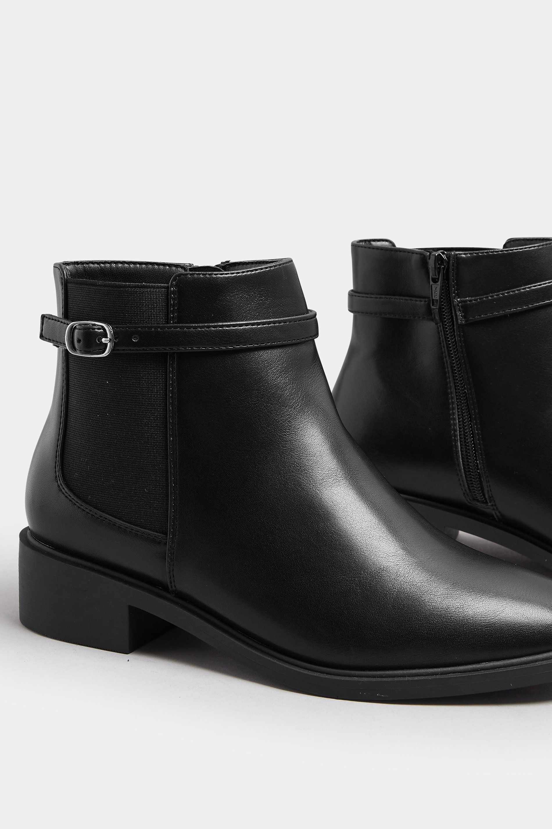 Black Faux Leather Buckle Stretch Ankle Boots In Wide E Fit & Extra Wide EEE Fit | Yours Clothing 5