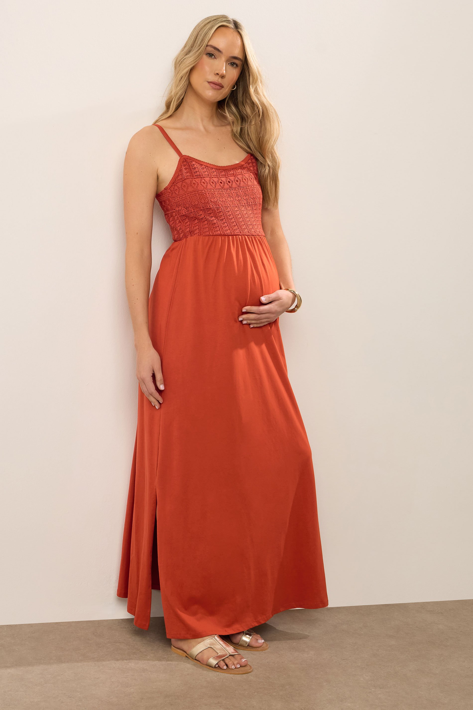 LTS Tall Maternity Rust Orange Cotton Crochet Bust Maxi Dress | Long Tall Sally 1