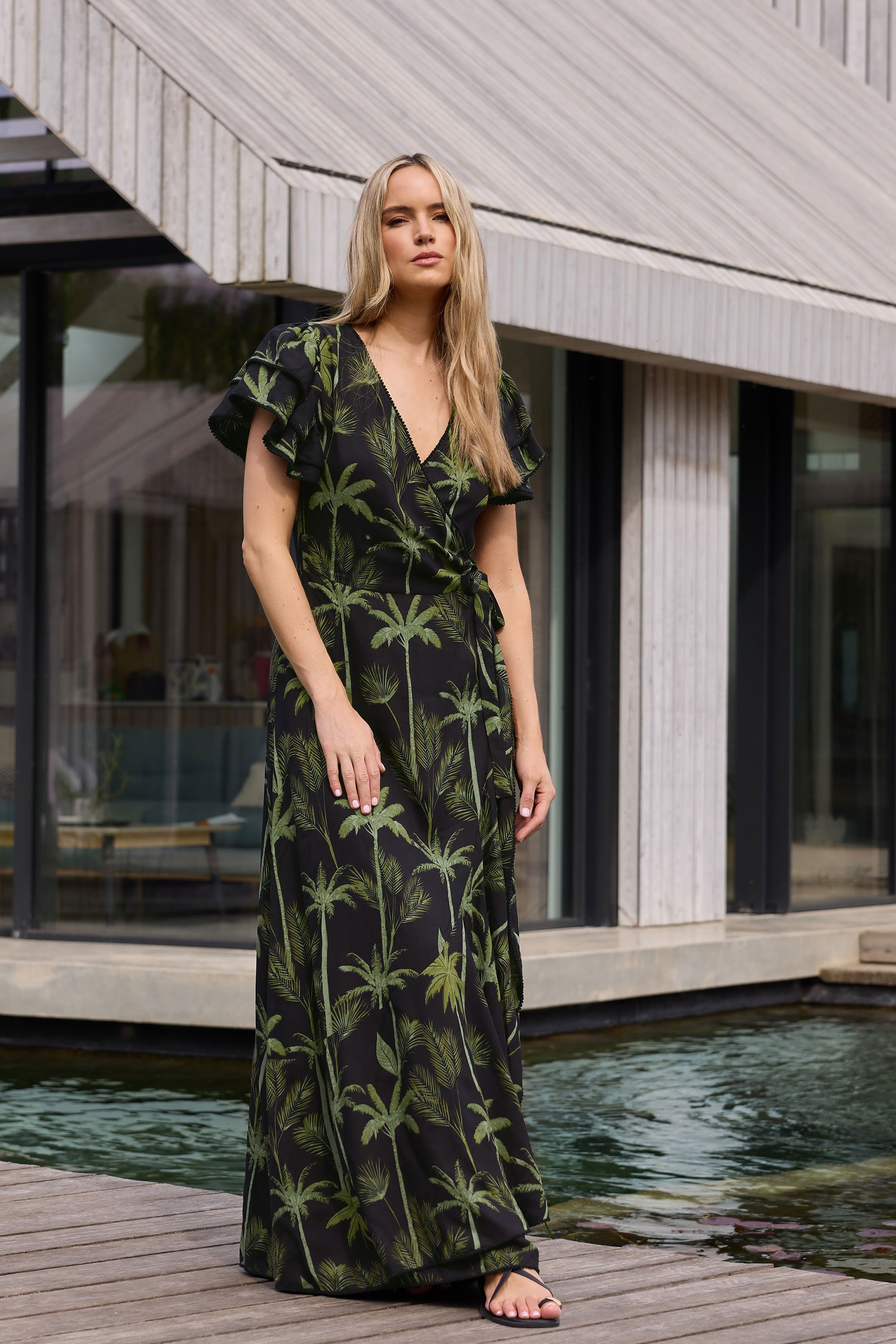LTS Tall Black Tropical Palm Frill Sleeve Maxi Dress | Long Tall Sally 1