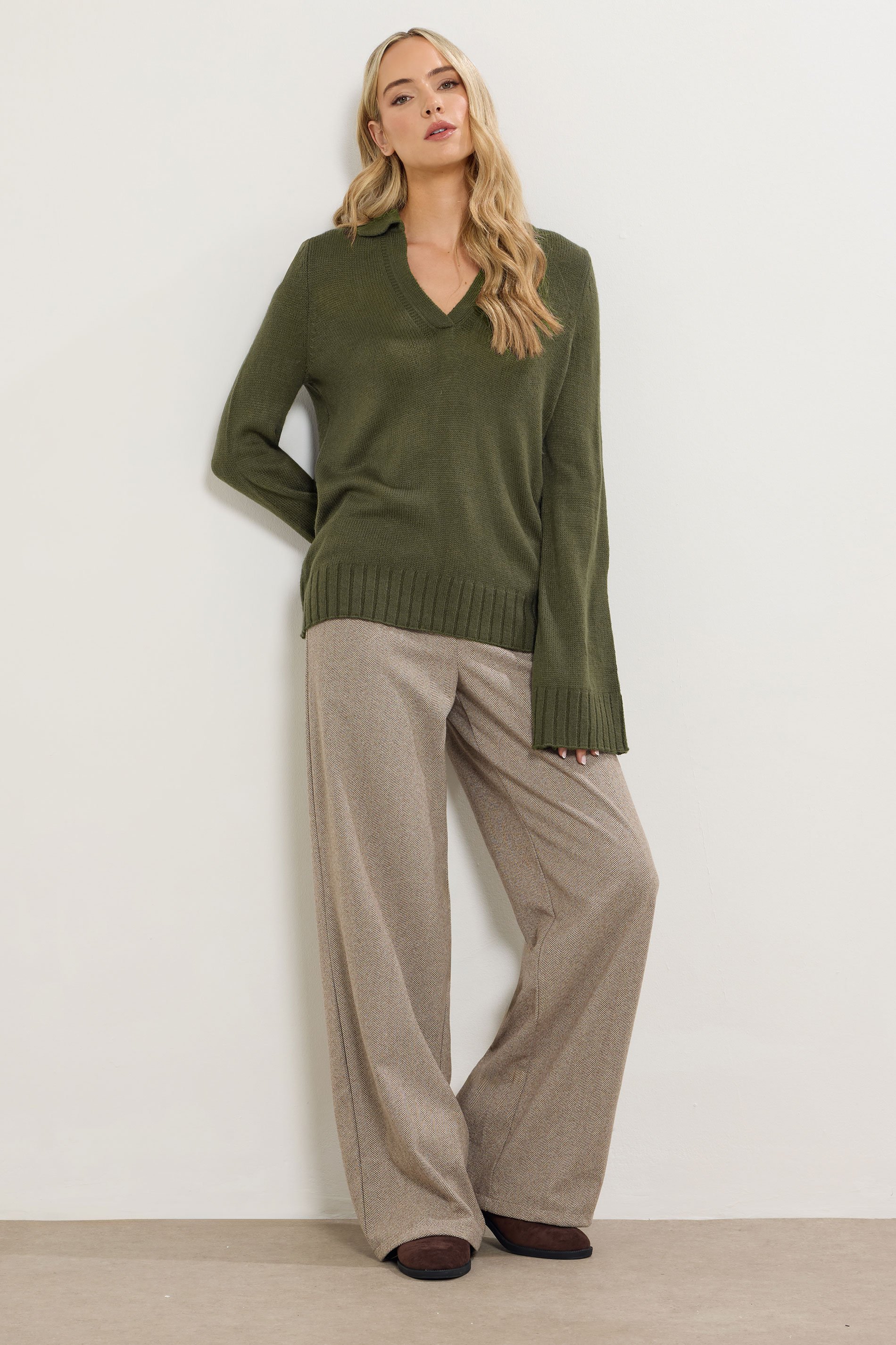 LTS Tall Khaki Green Knitted Collared Jumper | Long Tall Sally 2