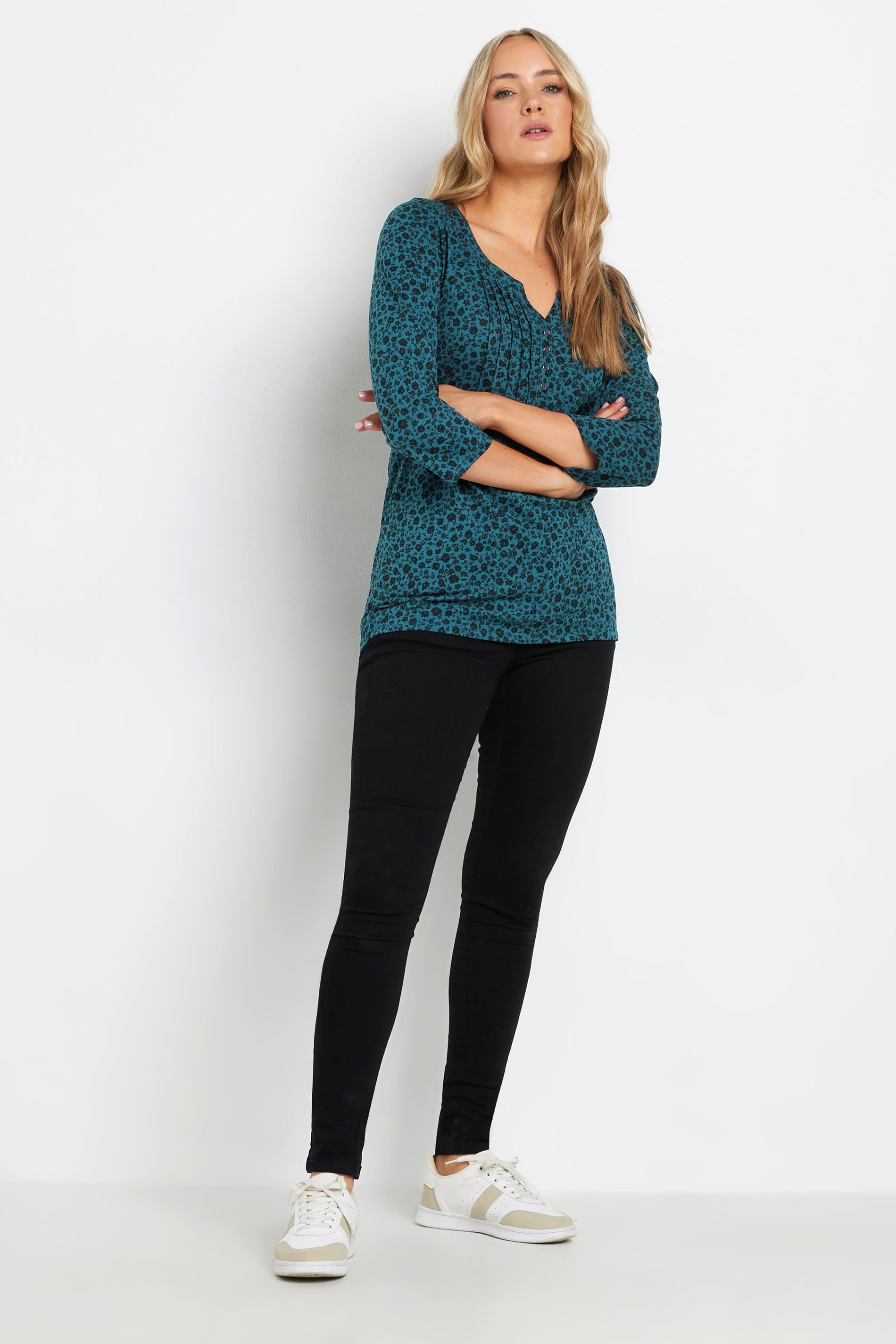 LTS Tall Teal Blue Ditsy Floral Henley Top | Long Tall Sally 2