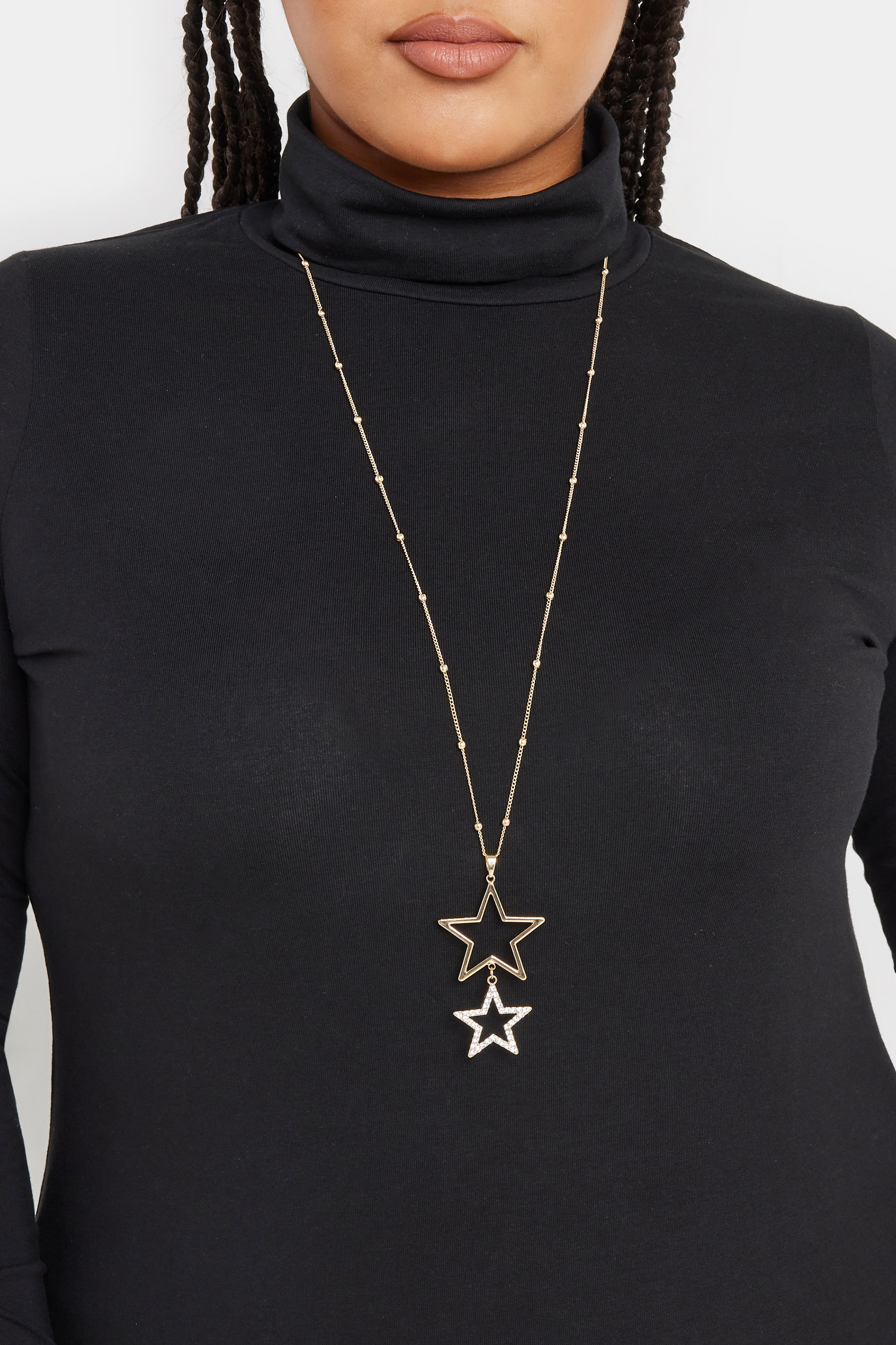 Gold Tone Long Double Diamante Star Necklace | Yours Clothing 1