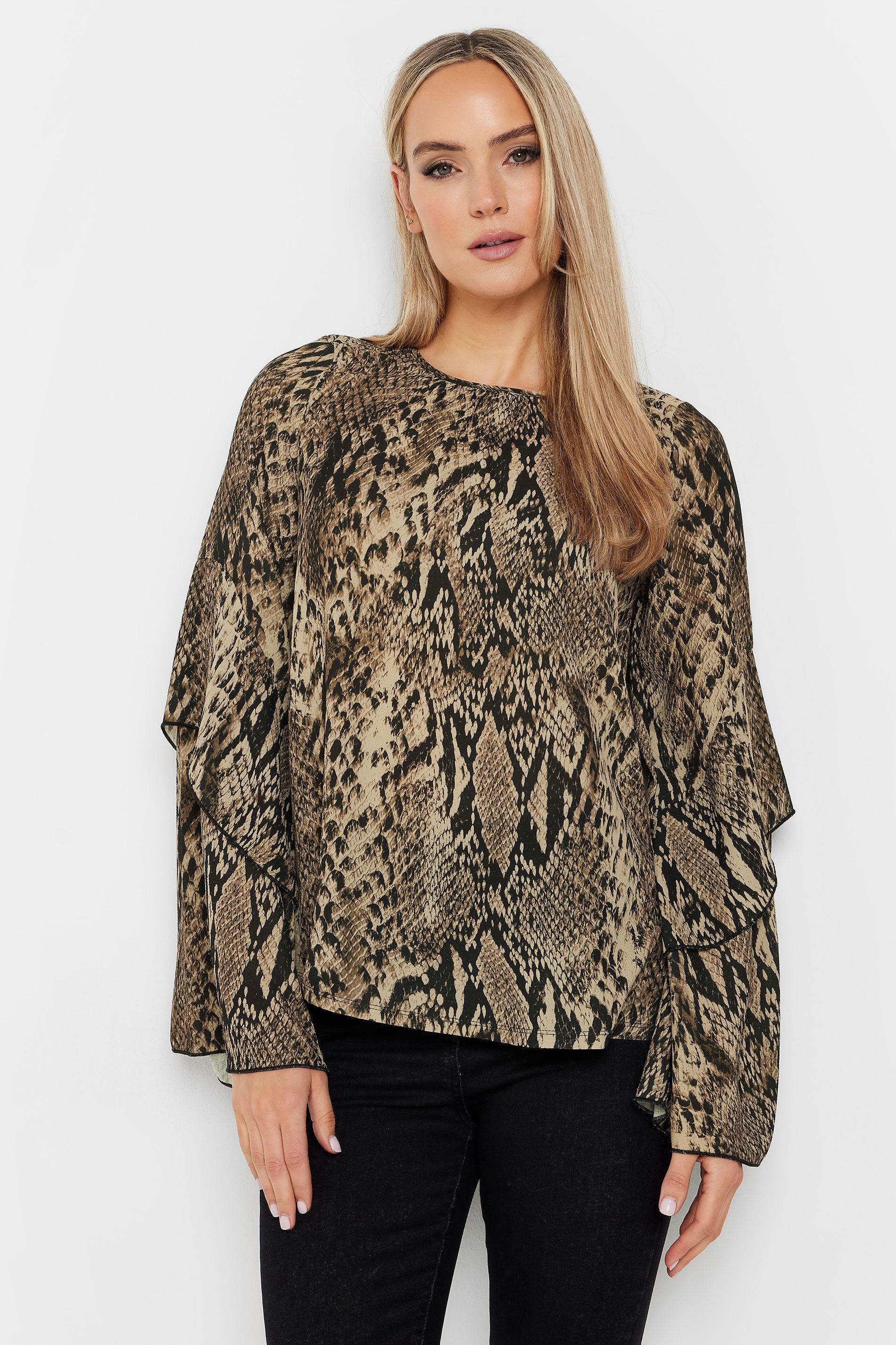 LTS Tall Brown Snake Print Frill Sleeve Blouse | Long Tall Sally