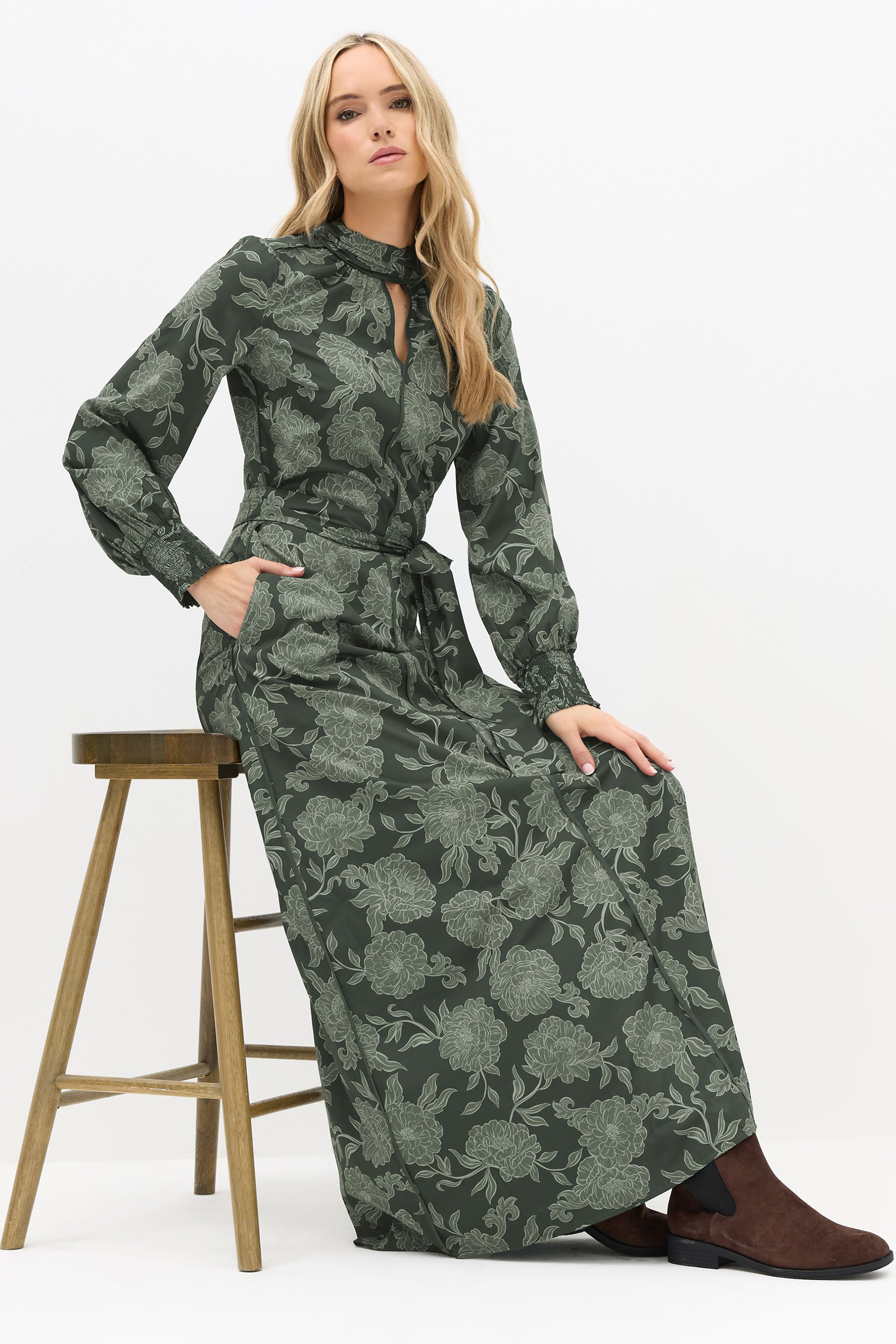 LTS Tall Green Floral High Neck Tie Dress | Long Tall Sally 2